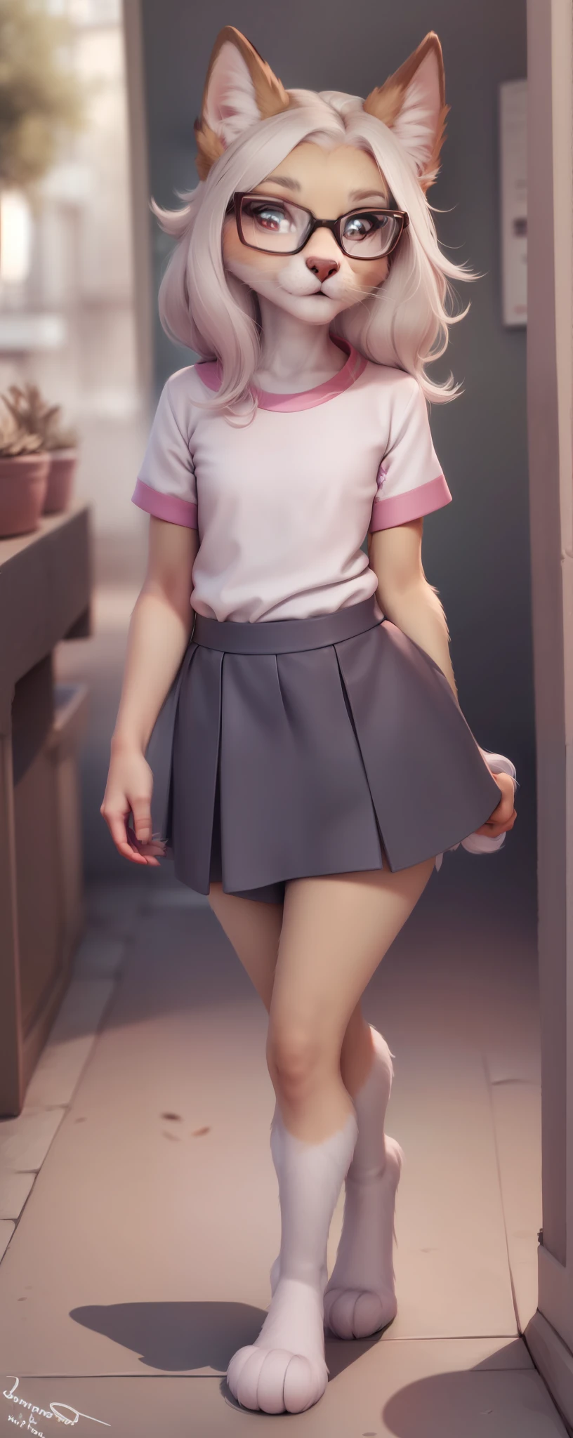 Anthro furry, fursona, dark brown and white hair, wearing pink and white skirt, pose, bright background, 1solo, wearing square glasses, walking, fur, fur body, full body covered in fur, fluffy paws, fluffy body, small size, small body, cute fursona, cute body, fluffy, small size, ???