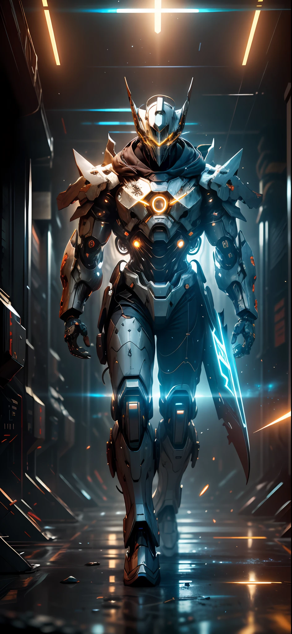 realistic,shiny,reflective,bioluminic, galactic cybernetic mask,mecha,(executioner:1.2),cloak,sh4g0d,GlowingRunes_red,fullbody,cinemnatic,dark background,backlight,high contrast,