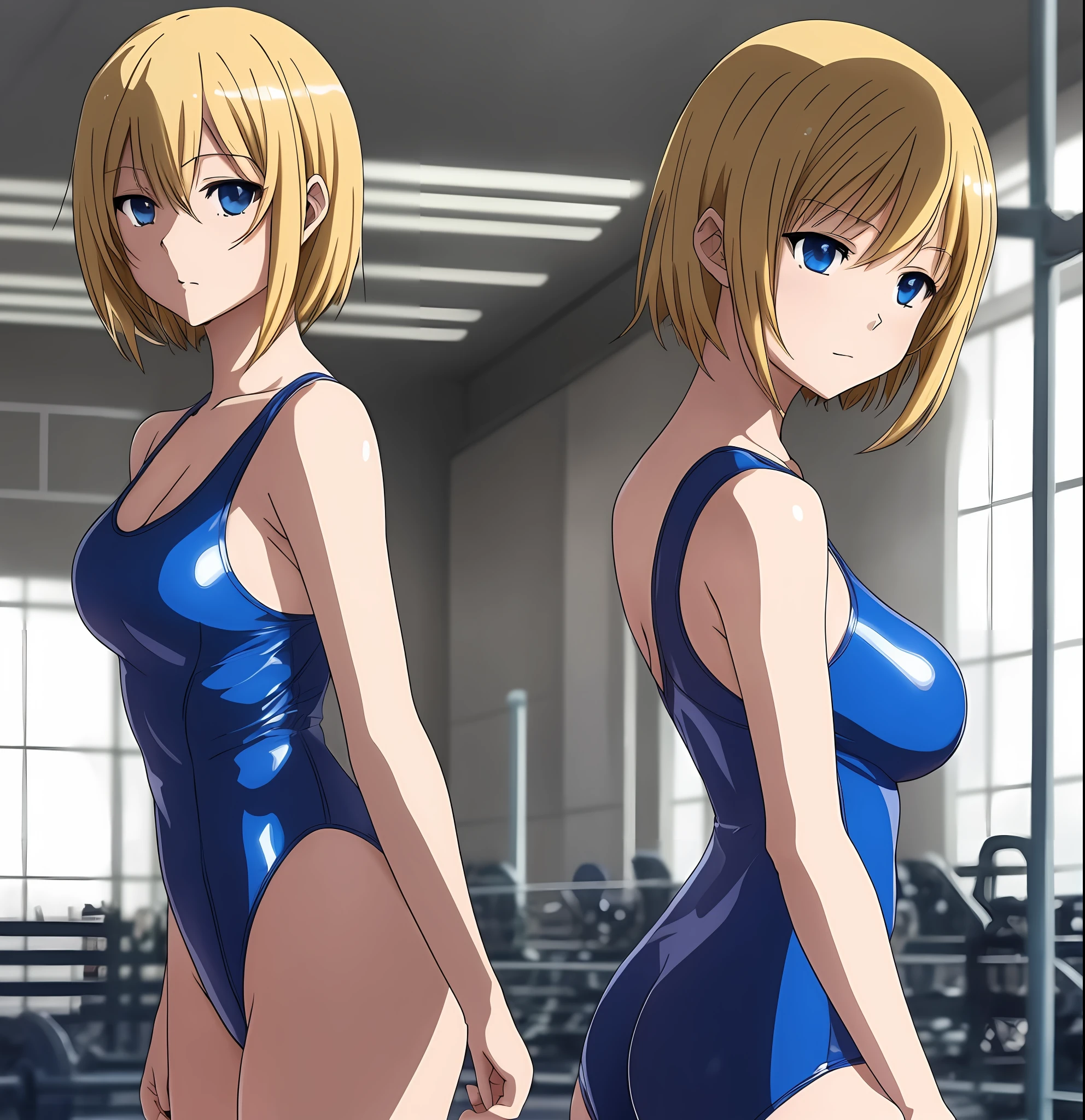 anime girl wearing leotards in gymnasium, beautiful anime girls, ecchi anime style, latex leotards, gymnasium, gymnasium, anime girls, leotards, lighted gymnasium, gymnasium, wearing leotards, high quality anime art style, high resolution committee, digital anime art!, Clothing: leotard, big, with big breasts, short hair, blonde, blue costume, 2d anime style, solo, --auto
