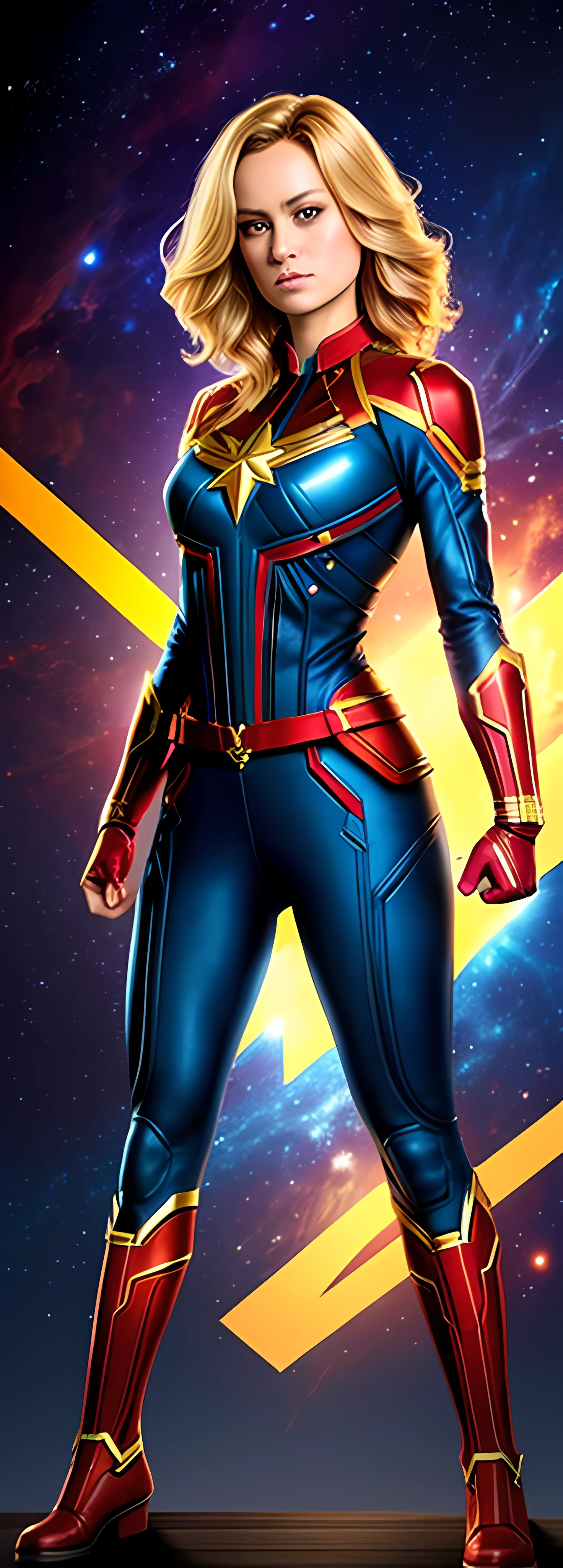 full body photographic portrait, from head to toe, sexy of Captain Marvel Brie Larson, furious round eyes colorful and realistic, dark and dark atmosphere, superhero costume, (big breasts and ass: 1.3), awesome illustration, very sexy beauty IA woman, long blond hair, perfect mouth and lips, Godmachine style, a deep dark space atmosphere, space background, realistic, staring at camera, wearing a very sexy Captain Marvel cosplay costume