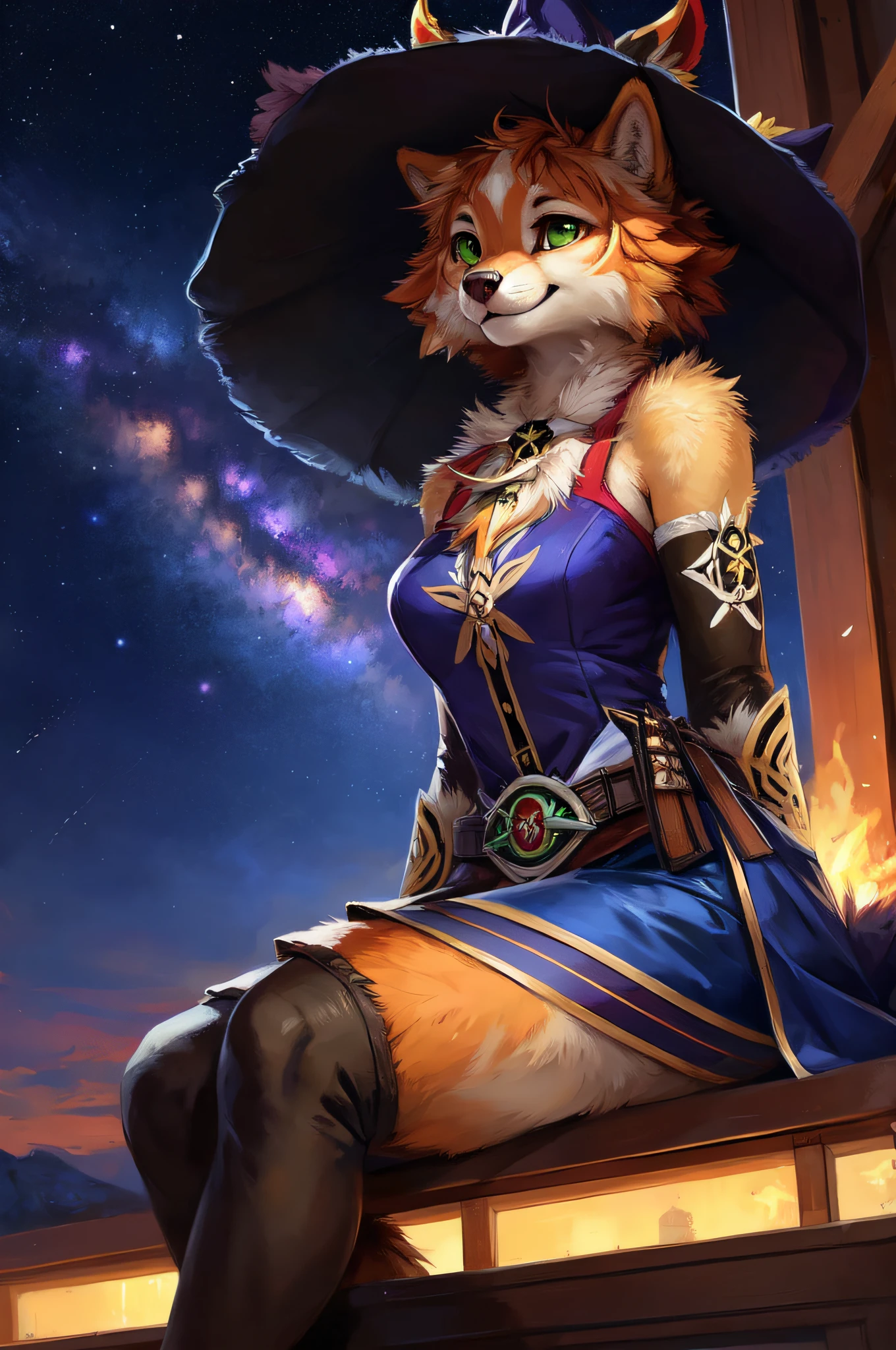 ((thick body)), 1girl, wolf, light orange and white fur, green eyes, short hair, looking at viewer, smiling, BREAK, ((black celestial witch outfit)), celestial witch hat, stars, constellation, BREAK, ((genshin impact mona inspired)), BREAK, (masterpiece, majestic, realism, detailed fur, best quality, ultra realistic, 4k, 2k, (intricate, high detail:0.8), uploaded on e621 , by Alena Aenami, by Kenket , by Pino Daeni , by Ruan Jia , by Ross Tran , by Michael & Inessa Garmash , by Bypbap), BREAK, sitting, medium shot, half body,