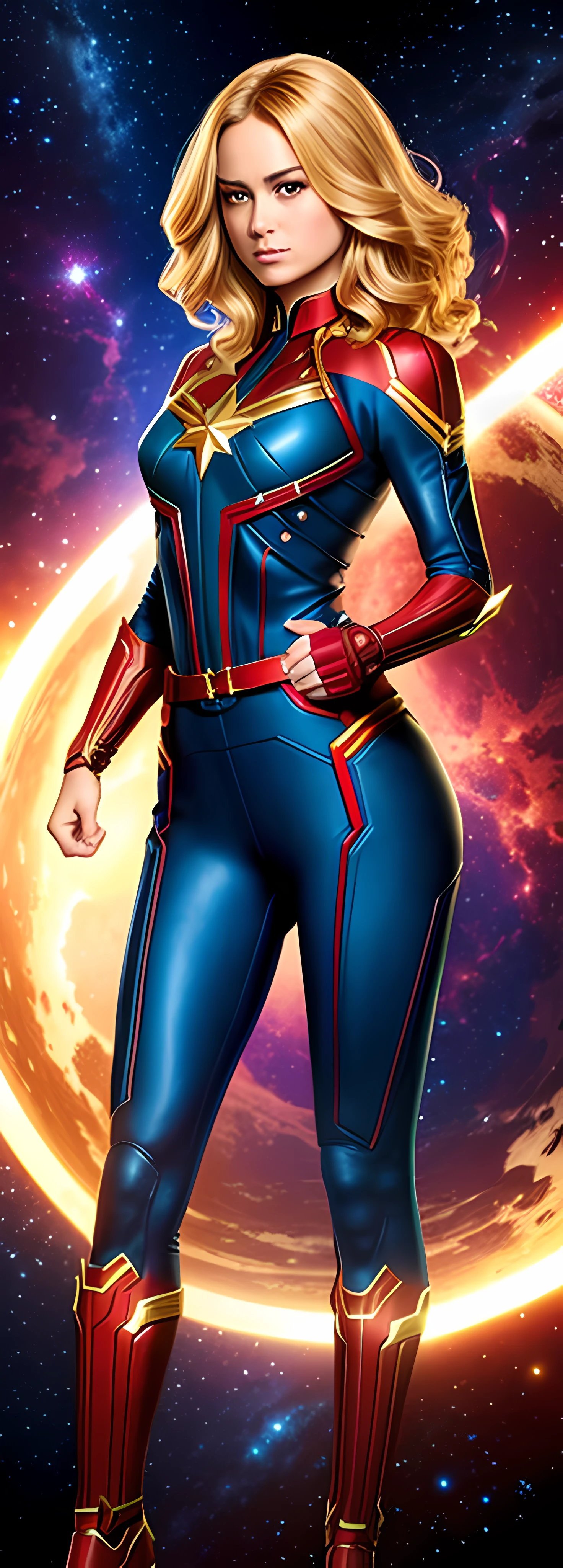 full body photographic portrait, from head to toe, sexy of Captain Marvel Brie Larson, furious round eyes colorful and realistic, dark and dark atmosphere, superhero costume, (big breasts and ass: 1.3), awesome illustration, very sexy beauty IA woman, long blond hair, perfect mouth and lips, Godmachine style, a deep dark space atmosphere, space background, realistic, staring at camera, wearing a very sexy Captain Marvel cosplay costume