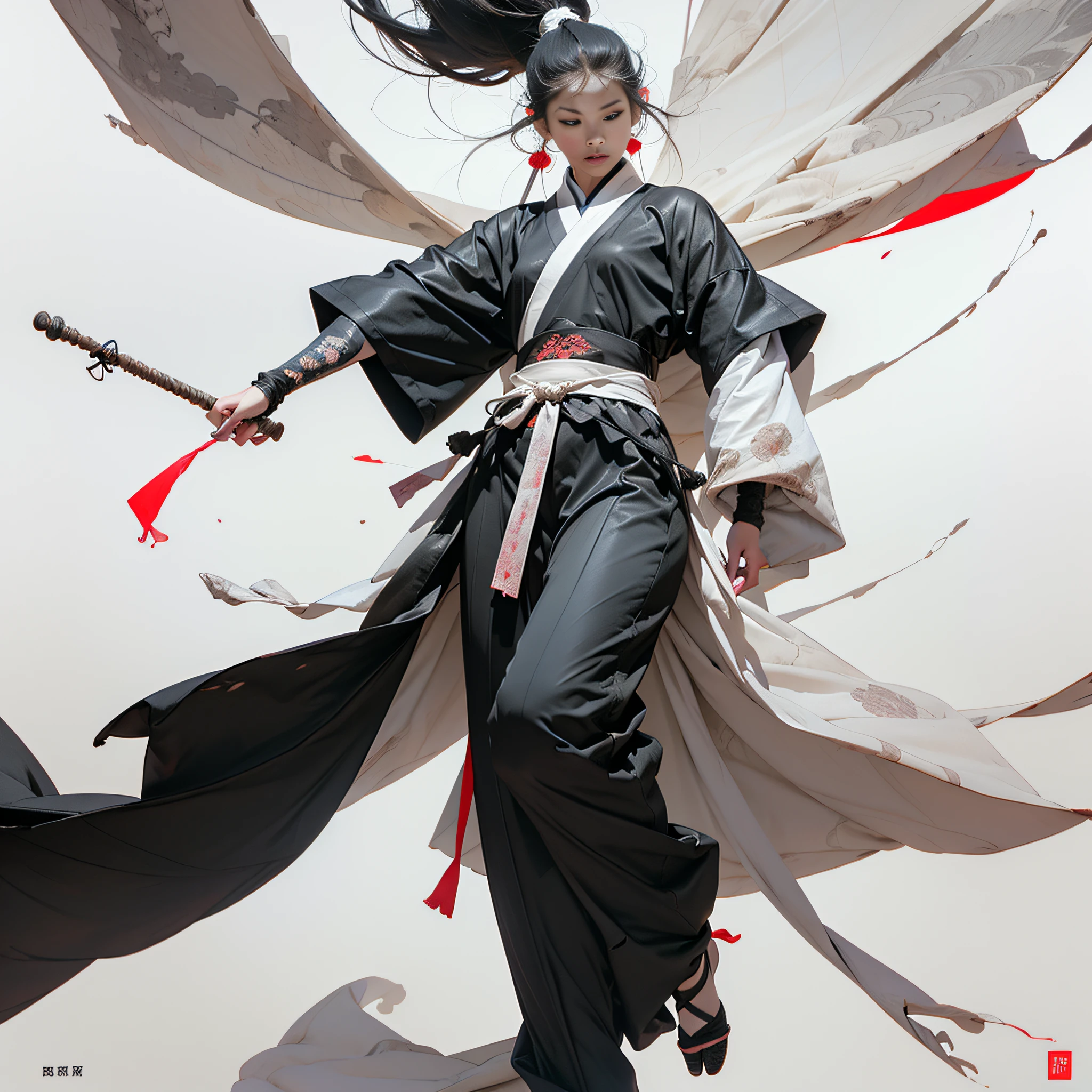 (Masterpiece, Best Quality, High Resolution: 1.4), Detailed, Intricate Detail, 4K, Color Splash, Line Art, Art, Best Quality, Masterpiece, Ultra High Resolution, (Realistic: 1.4), 2 Girls, Gorgeous, Chinese Costume, Long Hair, White Hair, Gray Hair, Ponytail, Long Flowing Hair, White Background, Solo, Blood, Arm Shield, Simple Background, 2 Girls, White Hanfu, Hanfu, Female Focus, Hakama, Long Sleeves, Looking at the Audience, Black Eyes, Sandals, Cloth, , Hakama Pants, Floating Furry Body,