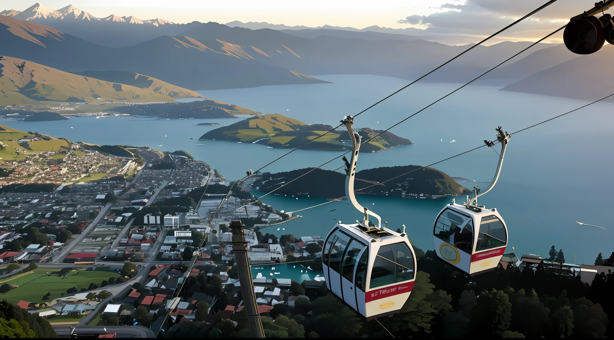 cable car with a view of a city and a lake, new zealand, gondola, beautiful views, stunning view, inspiring birds eye vista view, animation background, trendy, beautiful high resolution, gondolas, amazing view, beautiful view, overhead shot, picturesque, masterpiece, painted background