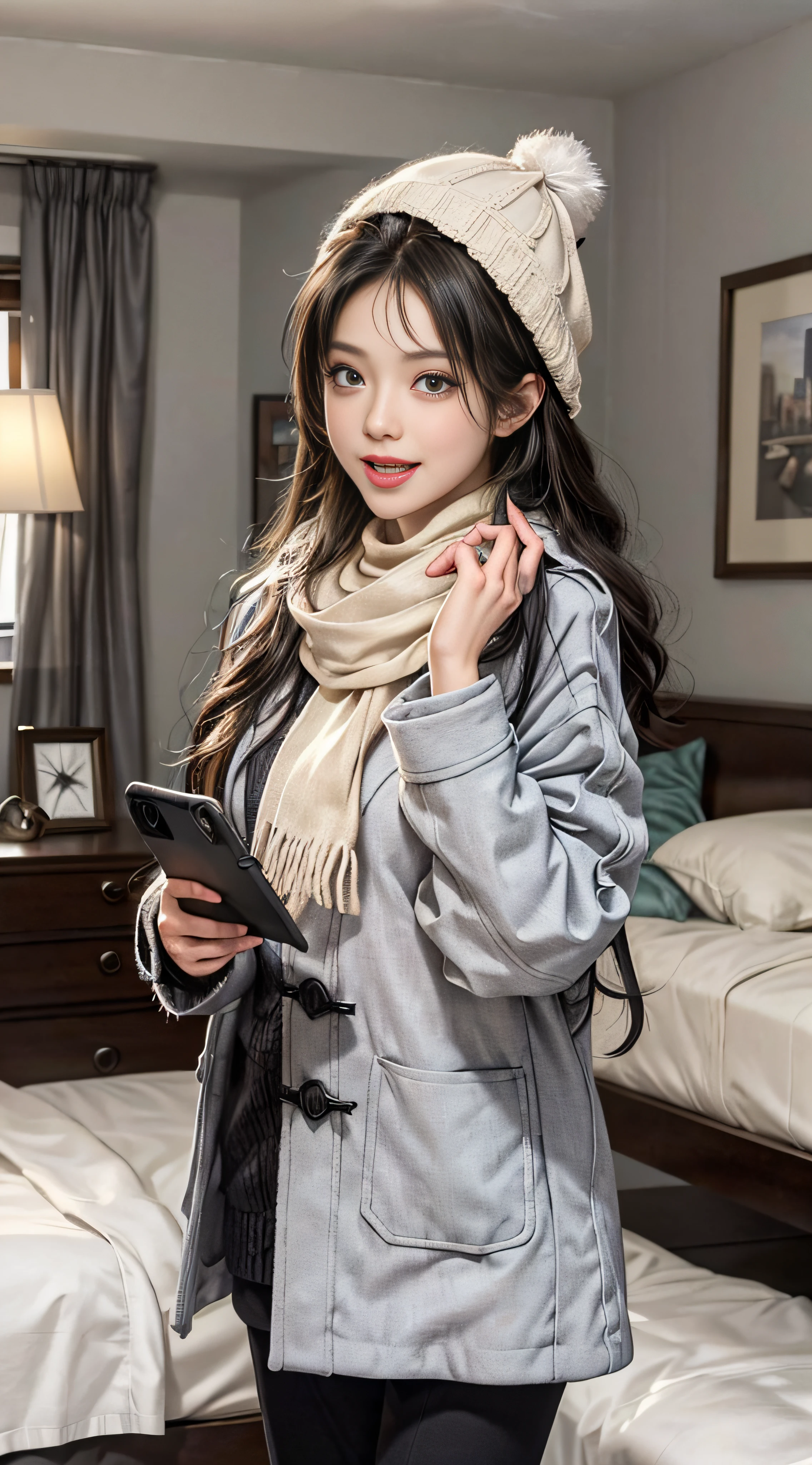 masterpiece, best quality,1 girl, solo, black hair, scarf, hat, real, looking at camera, black eyes, long hair, coat, winter clothes, white scarf, white teeth with mouth open, lips, bangs, indoors, in bedroom,