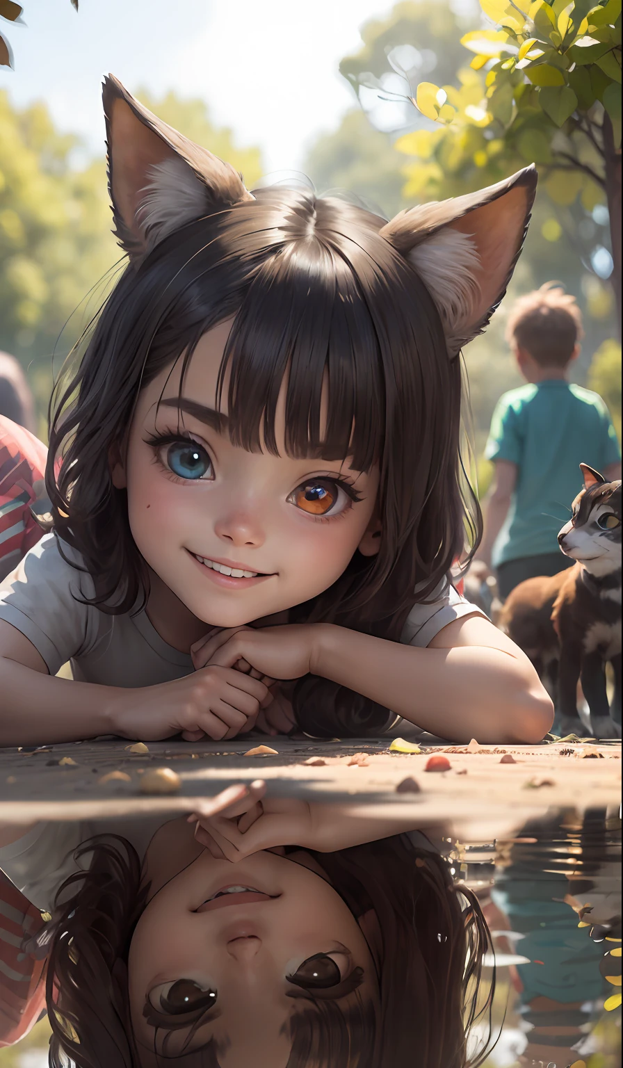 crianças brincando no parque com palhaços e robôs, black hair, heterochromia, red eyes, diamond-shaped pupils, fake animal ears, smelling, light smile, high detail, Carl Larsson, anime style, depth of field, cinematic lighting, reflection light, bloom, backlighting, fading border, isometric, multiple views, Canon, Fujifilm, 135mm, Sony FE GM, masterpiece, high quality, 8k