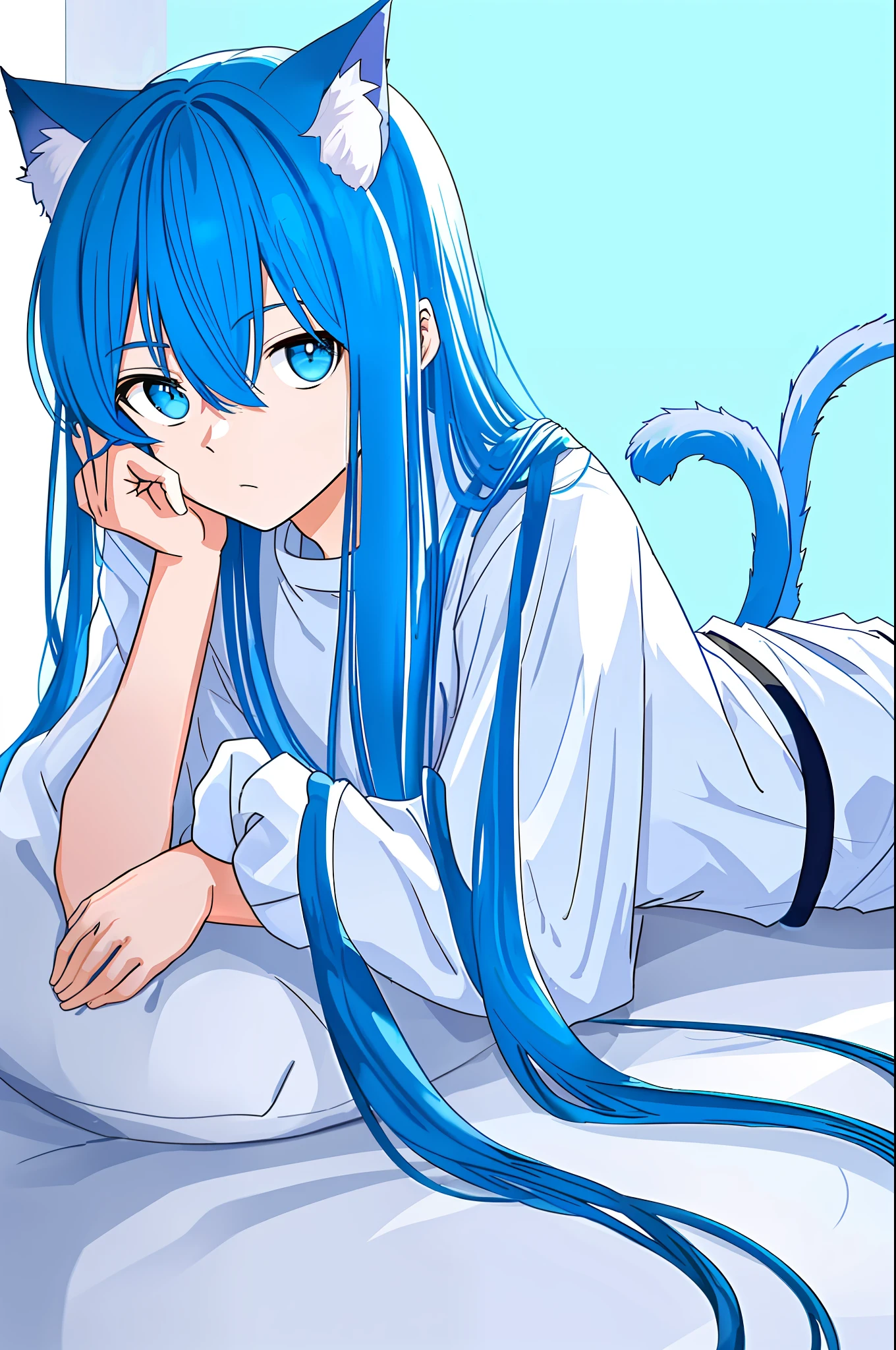 High detail, natural light, light blue background, man standing 3/4, anime style, long blue hair, two cat ears, one cat tail, very cute, cat man in wide white clothes, plush bed, cat stretching pose, single, lying on his stomach, looking at me