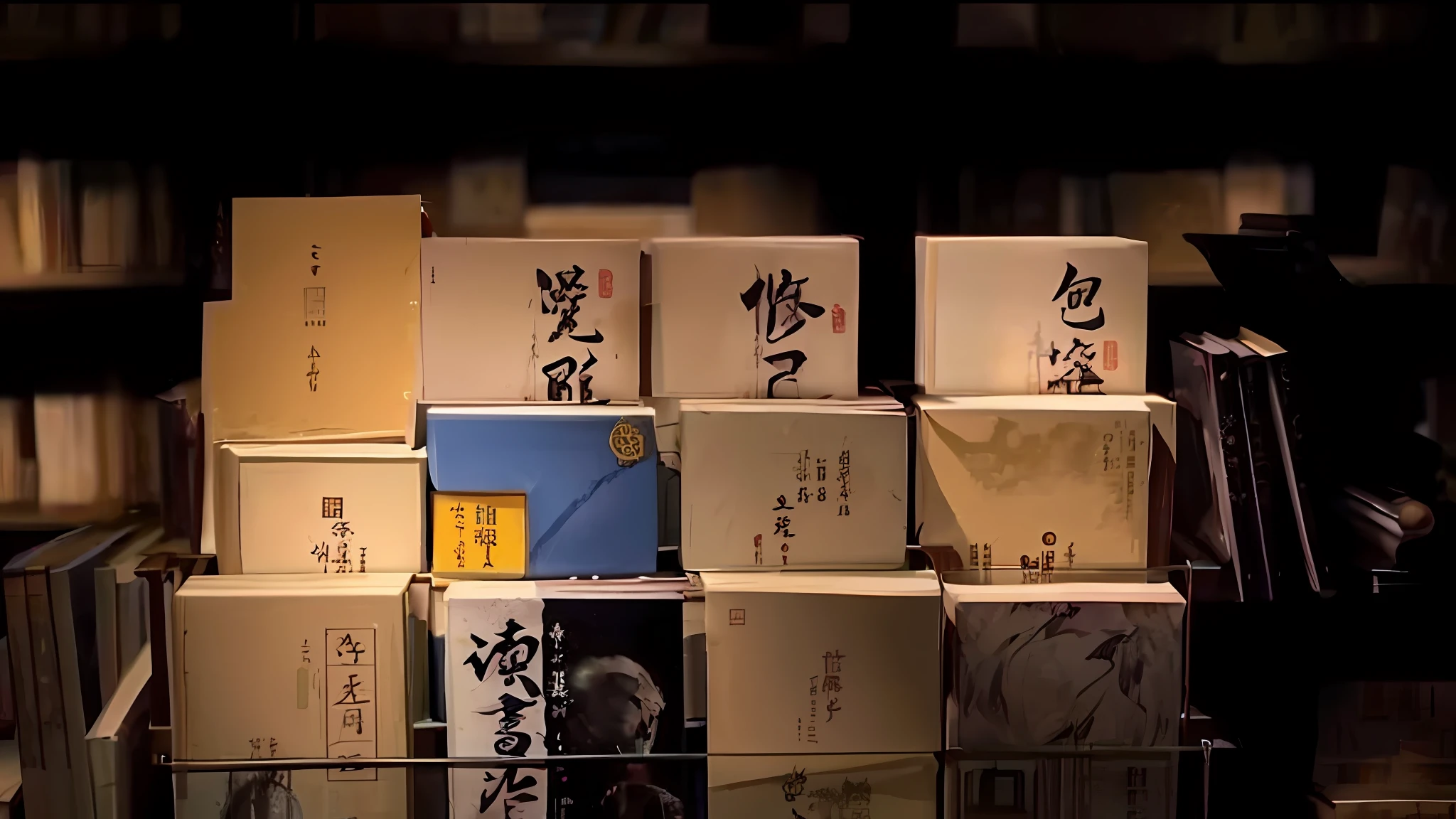 boxes of books stacked on top of each other in a library, qi baishi style, the art of books, by Sengai, flying magic books, inspired by Zhang Shunzi, inspired by Cao Zhibai, books all over the place, by Gu An, by Ni Yuanlu, by Yi Jaegwan, by Chen Daofu