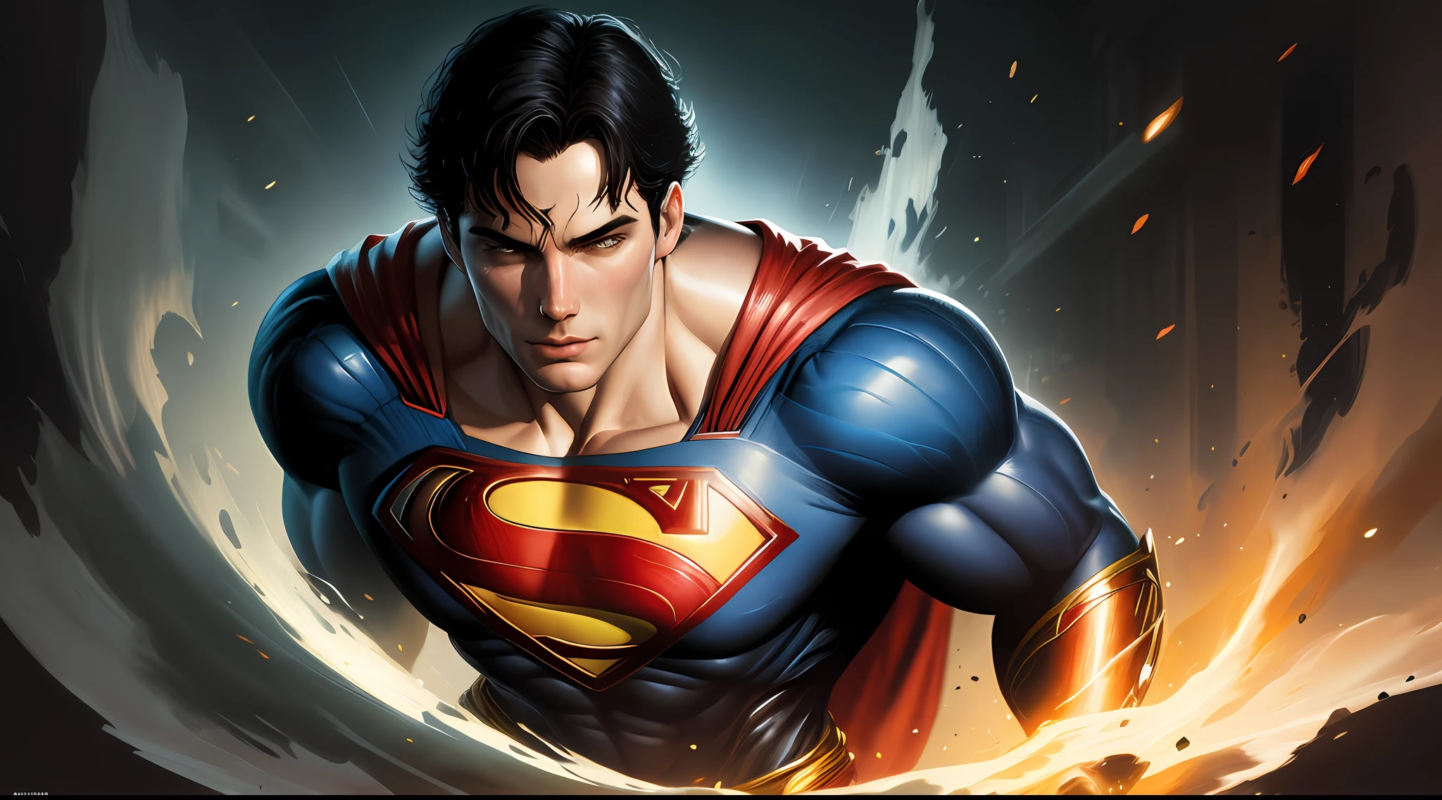 Superman, divine, intricate, elegant, highly detailed, digital painting, artstation, concept art, soft, sharp, focus, illustration, by Greg Rutkowski, Alphonse Mucha, Alex Ross, Lee Bermejo.