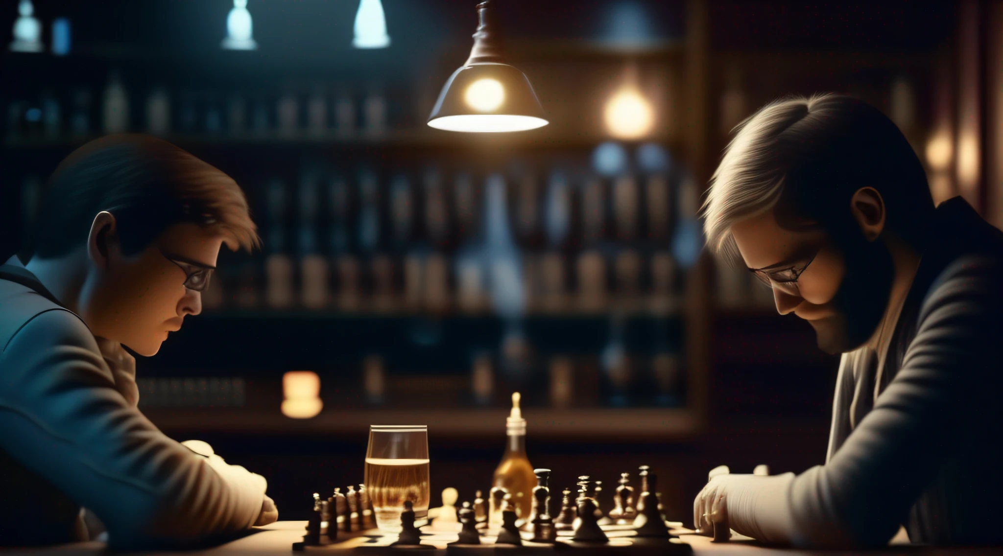 Some people playing chess in a dark, intimate bar, in a chess club. Whiskey glasses and bottles create an engaging and mysterious atmosphere. All this in a high-resolution 8k frame.