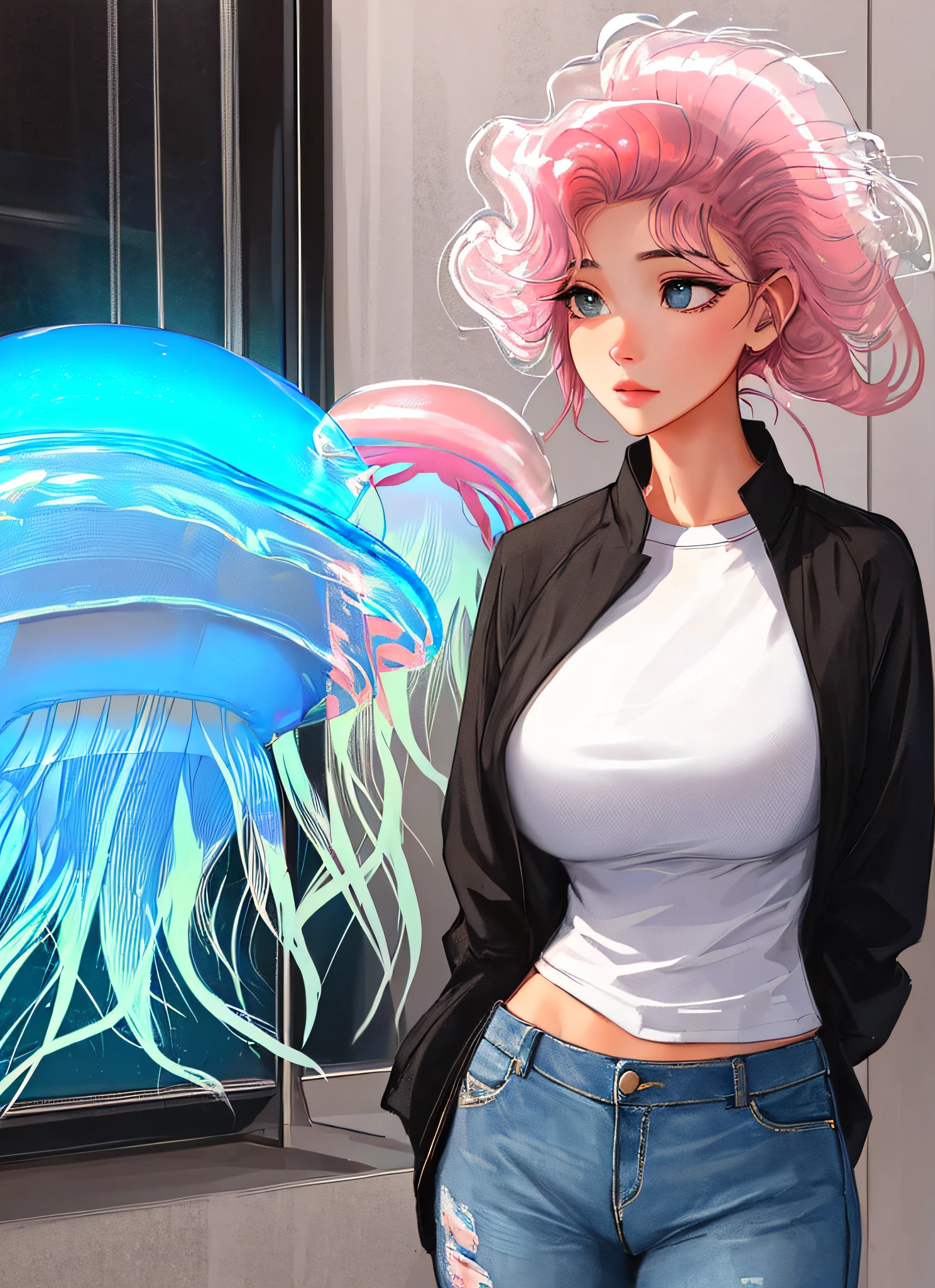 sam yang, 1girl, (jellyfish hair:1.4), (buff hair:1.1), (undercut:1.4), hair clip, covered, puffy, raglan top, jeans, detailed_eyes, spoken_heart, arms behind back, large breasts,