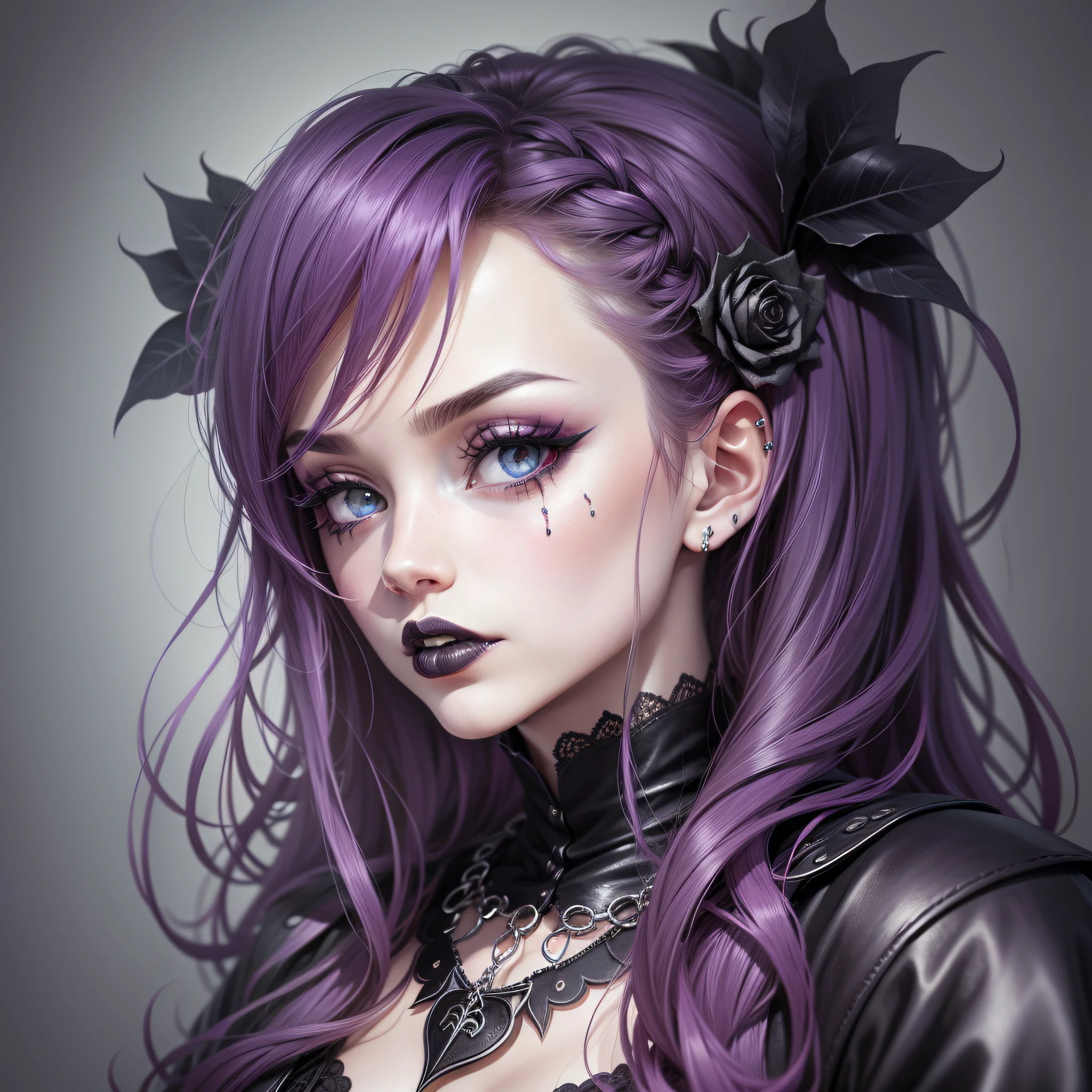 Woman with long, wavy hair, with a soft shade of purple, blue and navy green, with big eyes with a deep blue, with black clothes, with silver details and touches of bright colors, with a band in her hair --auto