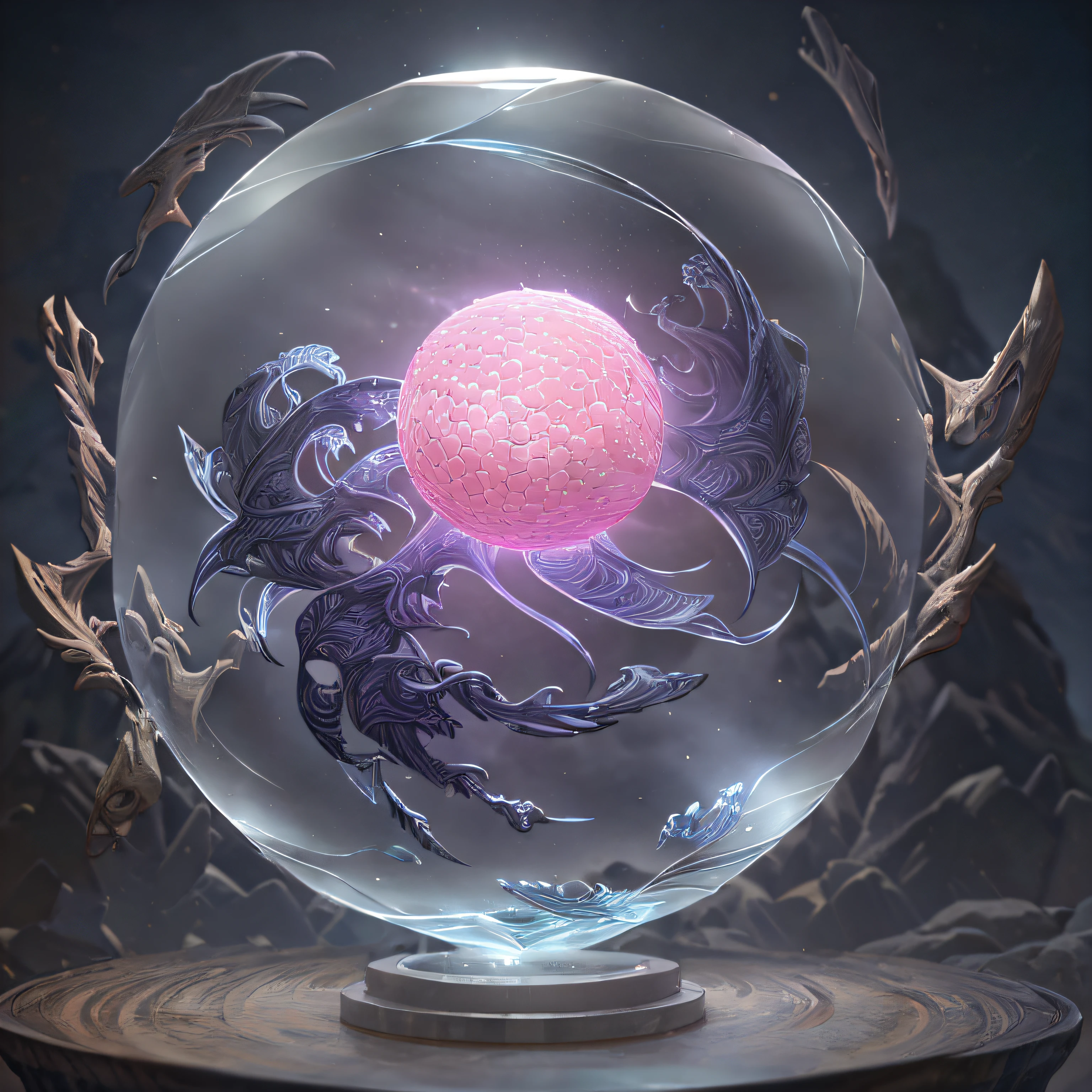 (beautiful sphere with high transparency), beautiful, round crystal, ultra detail, amazing lighting, hyper detail, 8K, Unreal Engine 5, 3D rendering, fortune telling, shining transparent inside the sphere, beautiful sphere high transparency crystal, pink