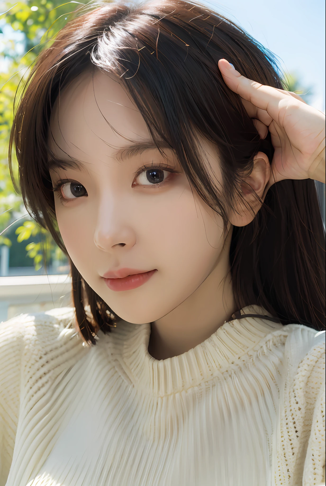 Best quality, masterpiece, super high resolution, (realistic: 1.4), original photo, wallpaper, head photo, skin, simple background, black eyes, detail, selfie, 1 girl, 18 years old, breeze, sun rain, rainbow