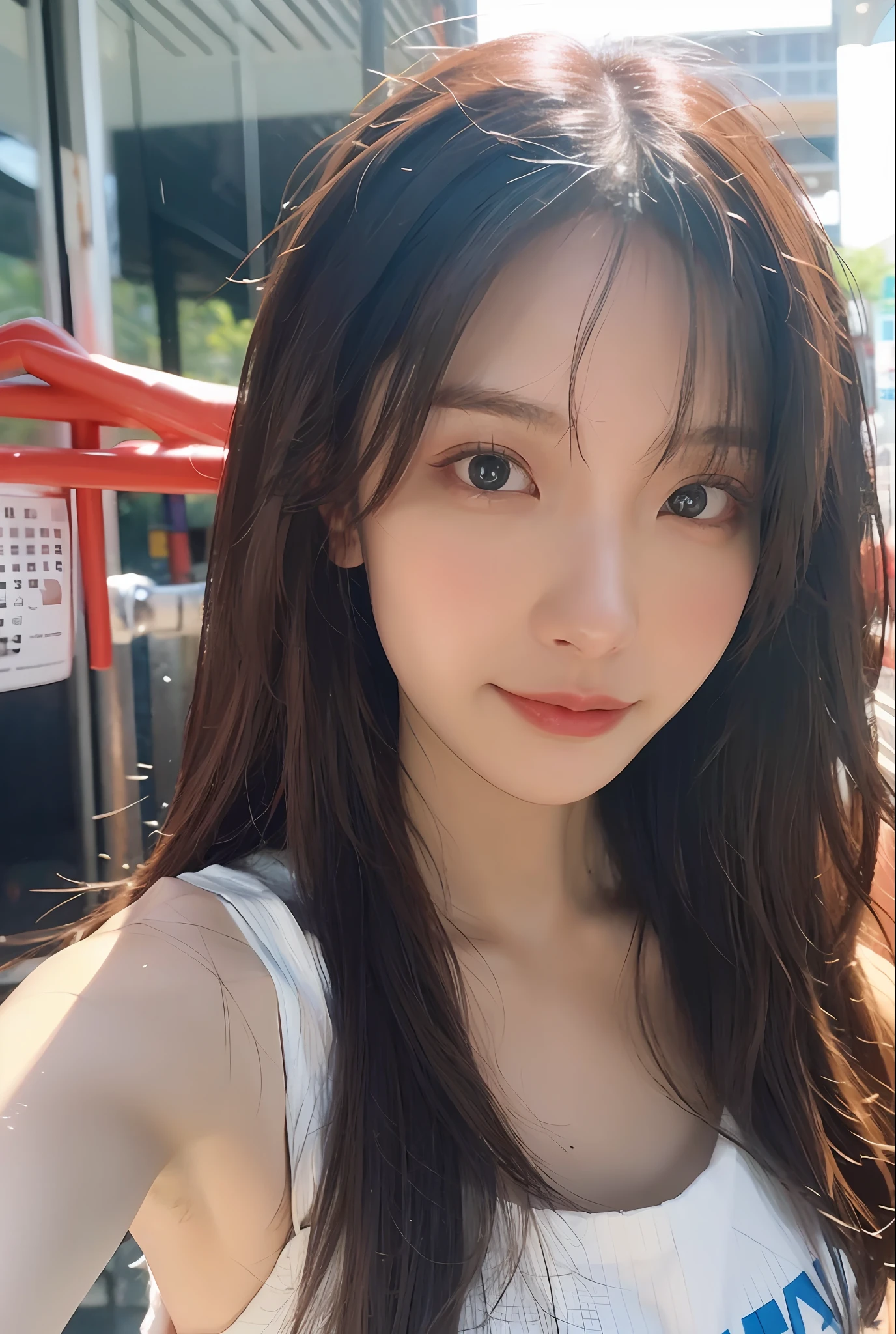 Best quality, masterpiece, super high resolution, (realistic: 1.4), original photo, wallpaper, head photo, skin, simple background, black eyes, detail, selfie, 1 girl, 18 years old, breeze, sun rain, rainbow