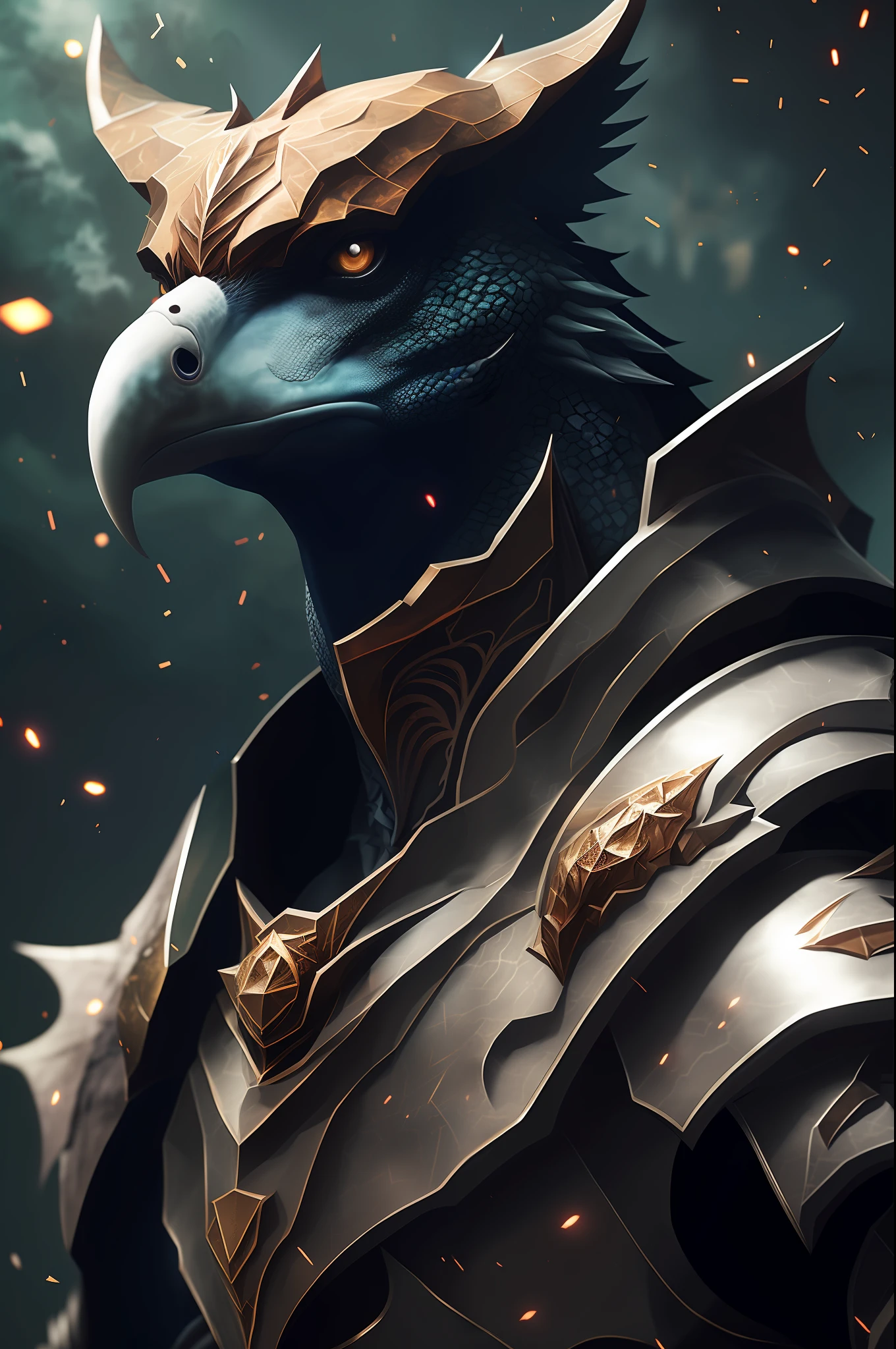 close-up head, front camera, realistic digital painting portrait of a male humanoid vulture, (Dungeon and Dragon: 1.3), dark and green magical universe, (gray metal plate armor: 1.5), (kite shield: 1.8), (abstract background: 1.2), (light particle: 1.1), (very detailed skin: 1.2), (game concept: 1.3), (elden ring style: 1.3), (arcane style: 0.8), (depth of field: 1.3), global lighting, art by Hoang Lap and Fuji Choko and Artgerm and Greg Rutkowski and Viktoria Gavrilenko
