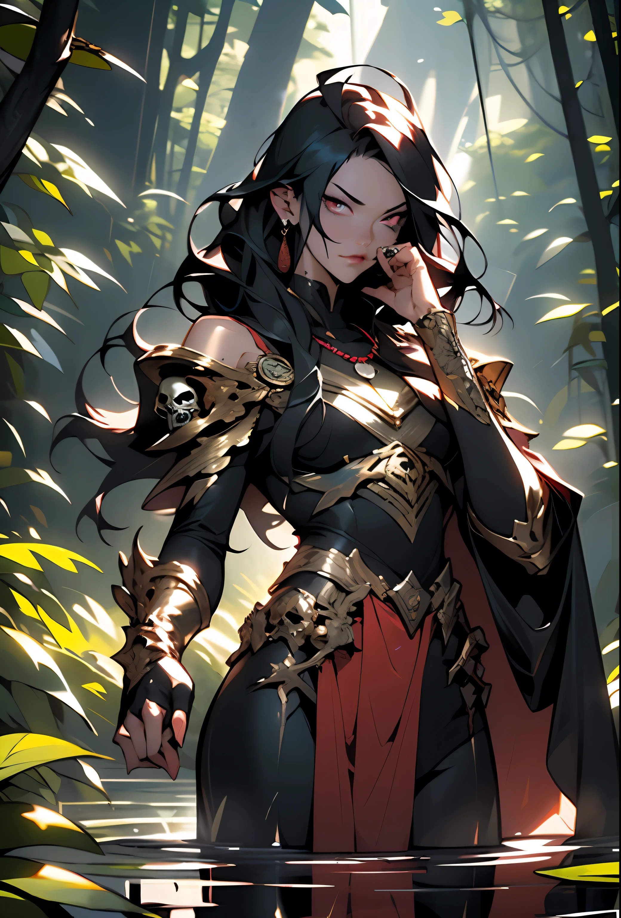 male vampire from ancient Egypt,
vampire, 1male, man, ((detailed hair, highly detailed hair, black hair, long sidelocks)), ((piercing red eyes, detailed eyes, highly detailed eyes, highly-detailed eyes)), flat chest, slim figure, pale skin, handsome male, ((dark character)), ((corruption)), ((hand consists of a short thumb and four fingers, hand with just five fingers)), hand reference,
seductive look, nsfw,
detailed outfit, black cape around shoulders, red tunic, golden buttons, black gloves, dream eater, gold scarab necklace,
dynamic pose, looking at viewer, serious attitude ,(full height), full body,
outdoor, detailed background, (swamp, background skulls), extremely detailed background, (puddles everywhere, moss, moss in the background), rain and fog in the background,
(best quality), (high resolution), (sharp focus), (ultra detailed), (extremely detailed), (extremely high quality artwork), 8k_wallpaper, (extremely detailed CG 8k),(very fine 8K CG), ((hyper super ultra detailed perfect piece)), flawless, (((masterpiece))), illustration,
(dynamic lighting), dynamic light, sunshine, sun rays, god rays, cinematic light, (cinematic shadow), (textile shading) , (cinematic shadow), vibrant colors,