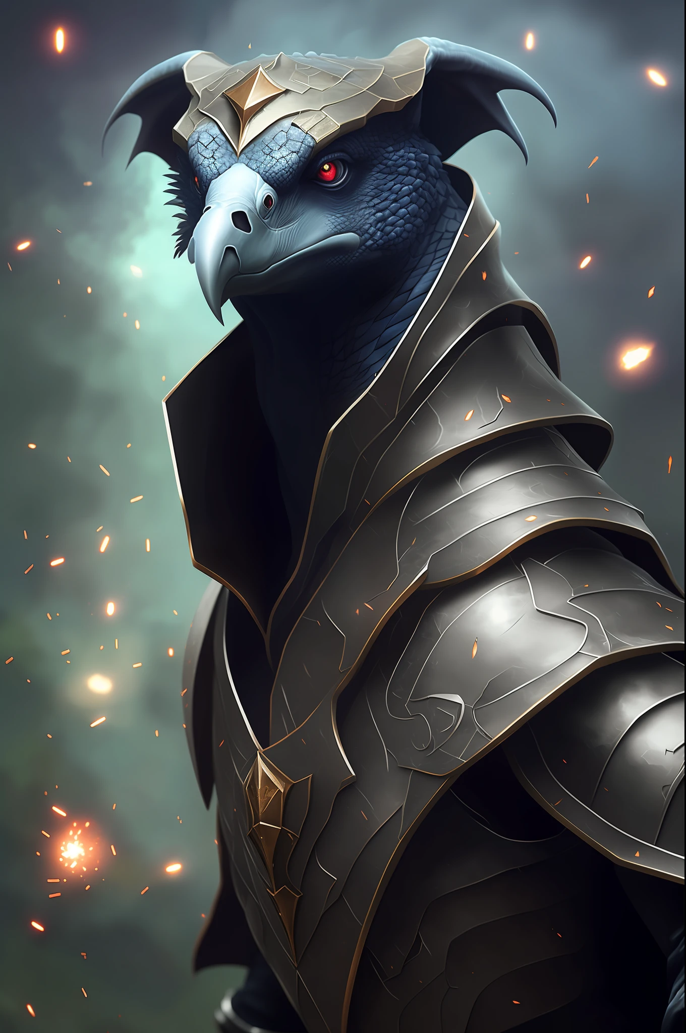 close-up head, front camera, realistic digital painting portrait of a male humanoid vulture, (Dungeon and Dragon: 1.3), dark and green magical universe, (gray metal plate armor: 1.5), (kite shield: 1.8), (abstract background: 1.2), (light particle: 1.1), (very detailed skin: 1.2), (game concept: 1.3), (elden ring style: 1.3), (arcane style: 0.8), (depth of field: 1.3), global lighting, art by Hoang Lap and Fuji Choko and Artgerm and Greg Rutkowski and Viktoria Gavrilenko