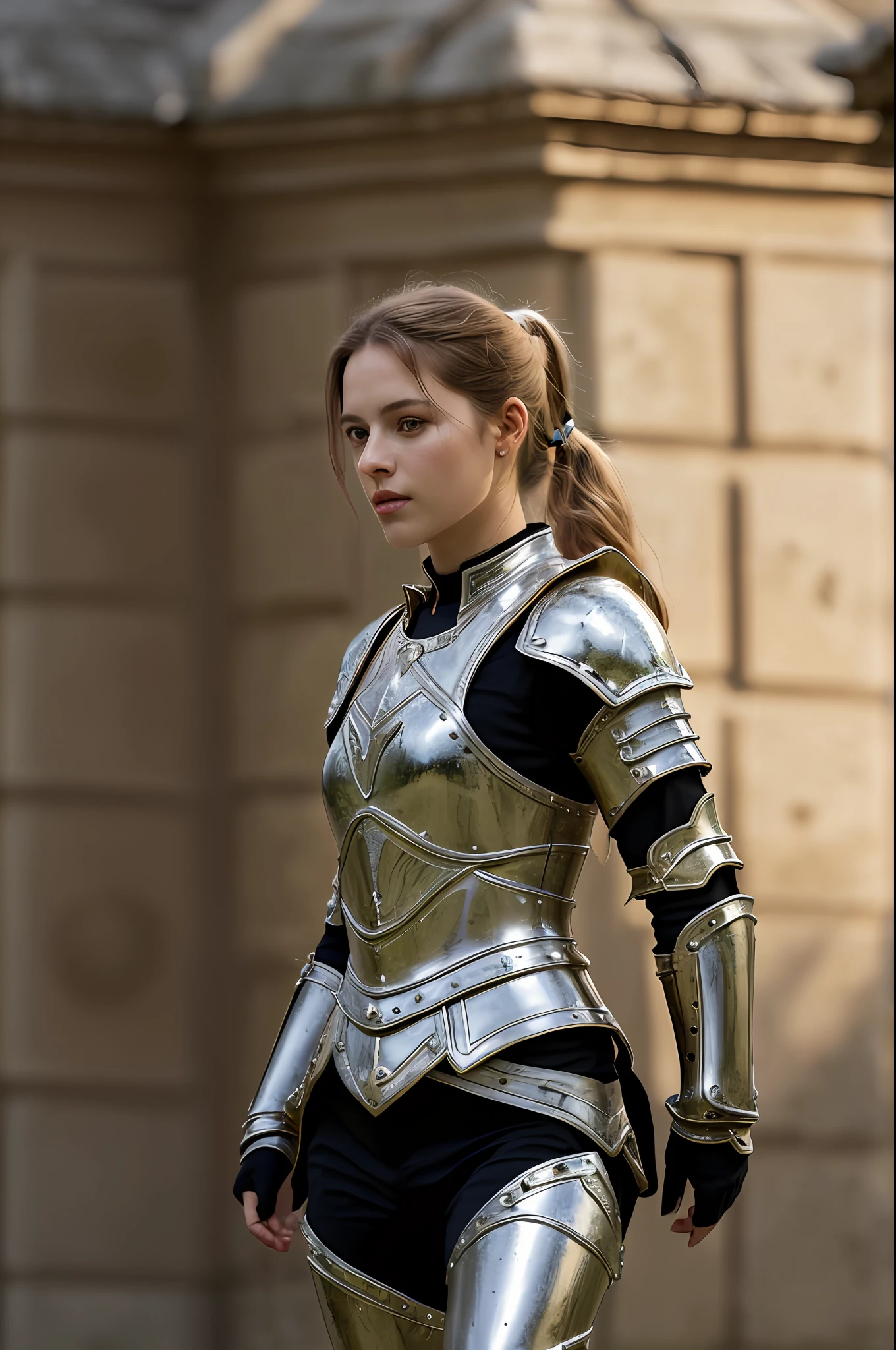 (8K, best quality: 1.2), (masterpiece: 1.37), (photo, photorealistic: 1.37), (ultra-high resolution), full body, walking pose, front footage, slow motion, male paladin wearing full body, (light silver armor: 1.2),(richly decorated armor), (incredibly detailed, bloom: 1.5), (high quality, Alessandro Casagrande, Greg Rutkowski, Sally Mann, concept art, 4k), 1.2), (high sharpness), (detailed students: 1.1), detailed face and eyes, Masterpiece, best quality, (highly detailed photo: 1.1), (long blonde hair, ponytail, ecstatic: 1.1), (young: 1.1), sharp, (perfect body:1.1), realistic, royal shadow, 3d, (temple background:1.2), (by Michelangelo), photographed by Canan EOS R6, 135mm, 1/1250s, f/2.8, ISO 400