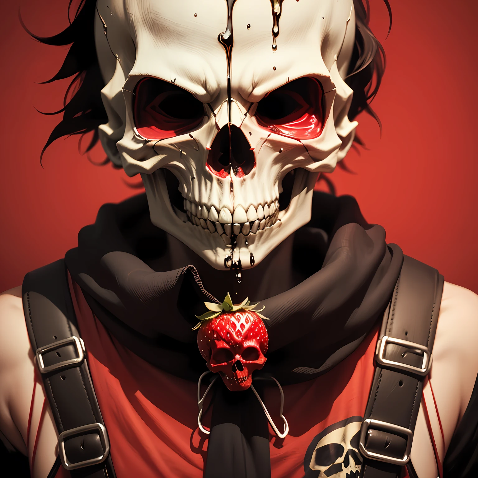 a closeup of a strawberry skull with a red background, strawberry fields forever, fight with strawberries, apple skull, strawberry, strawberry ninja, bright red skull, skull, profile picture, dead fruit, pop punk art style, dripping poison, skull head, red skull, ((skull)), skull design for a rock band,  amazing, horrorcore, logo style --auto