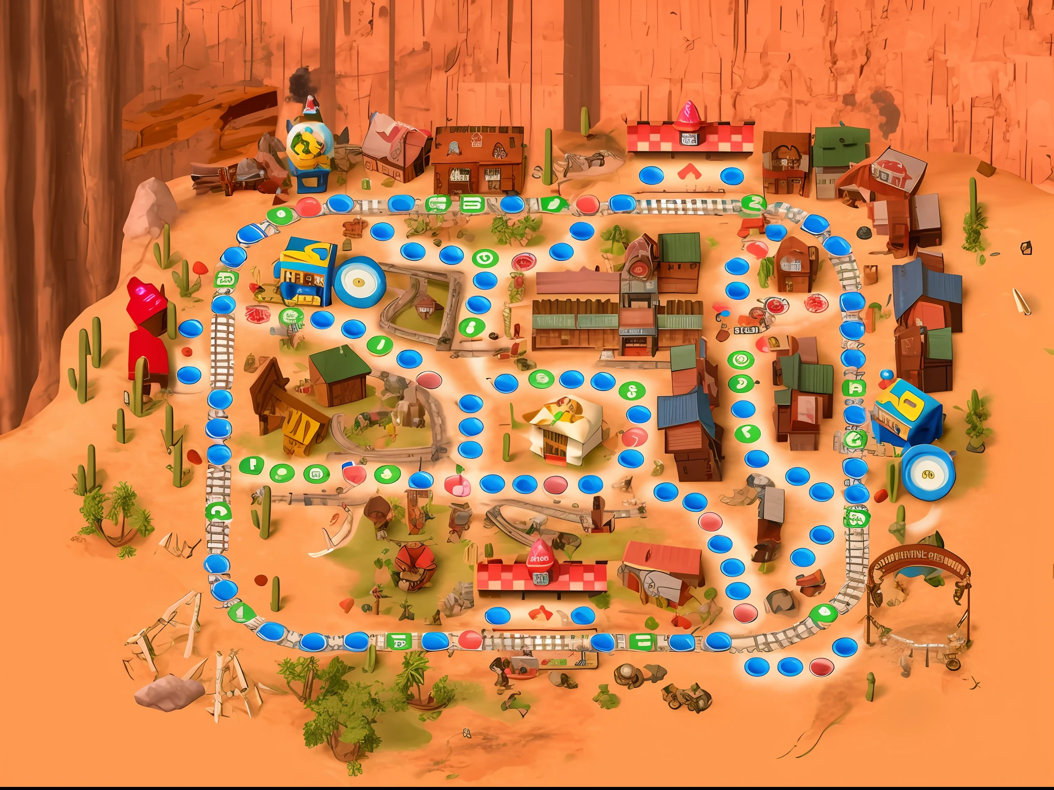 a close up of a game board with a train and a town, game map, wild west setting, desert circus, gameplay screenshot, gameplay, game screen, in game screenshot, gameplay still, wild west background, gameplay screenshot with ui, screenshot from the game, in - game screenshot, in-game screenshot, screenshot from game, videogame screenshot