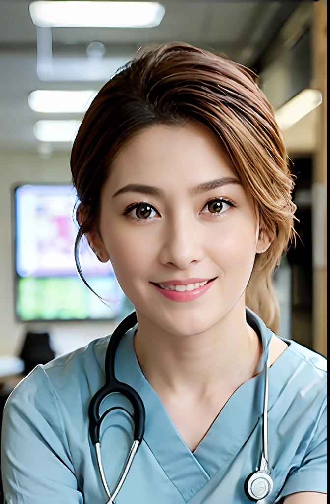 Masterpiece, high quality photo (realistic, photorealistic: 1.37), blonde hair, short fringe hair, brown eyes, female doctor, 28 years old, pink lips, light blue uniform, sitting in front of a desk in the hospital, wearing a stethoscope on his neck, reassuring smile, innocence, 100mm lens, (photorealistic), looking at the viewer, as a doctor, (complex details: 1.2), (masterpiece, : 1.3) ), (Best Quality: 1.4), (Ultra High Definition: 1.2), Ultra High Definition, (Detailed Eyes), (Detailed Facial Features), HDR, 8k Resolution, (Stethoscope), Far View, Floor Reflection, (Lens Flare: 1.4)