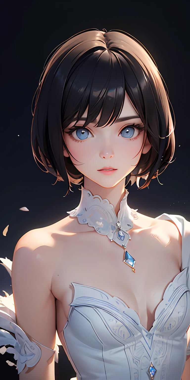 dress, baby face, small breasts, short black hair, (photorealistic:1.4), (masterpiece, sidelight, exquisite beautiful eyes: 1.2), masterpiece*portrait, realistic, 3D face, glowing eyes, shiny hair, shiny skin, solo, embarrassing, (abdomen),