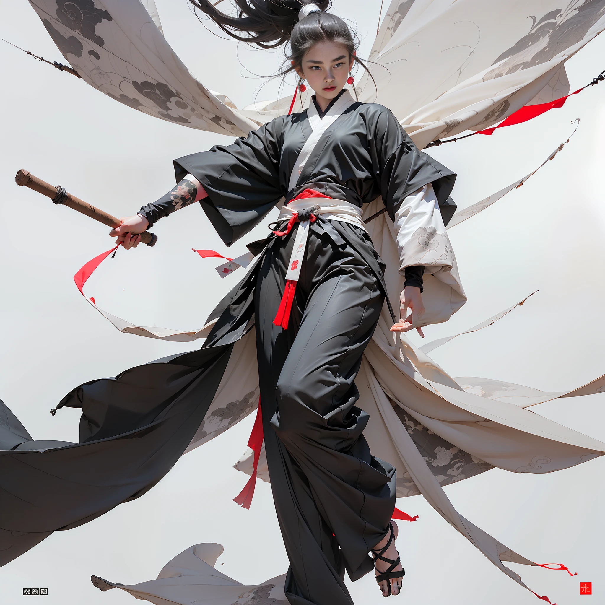 (Masterpiece, Best Quality, High Resolution: 1.4), Detailed, Intricate Detail, 4K, Color Splash, Line Art, Art, Best Quality, Masterpiece, Ultra High Resolution, (Realistic: 1.4), 2 Girls, Gorgeous, Chinese Costume, Long Hair, White Hair, Gray Hair, Ponytail, Long Flowing Hair, White Background, Solo, Blood, Arm Shield, Simple Background, 2 Girls, White Hanfu, Hanfu, Female Focus, Hakama, Long Sleeves, Looking at the Audience, Black Eyes, Sandals, Cloth, , Hakama Pants, Floating Furry Body,