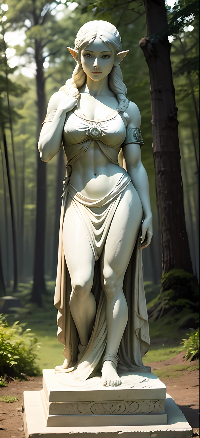 Muscular Girl, wheyfu, as a white stone marble figure, female statue, an ancient roman statue, upright, Zelda, Zelda outfit, temple in forest