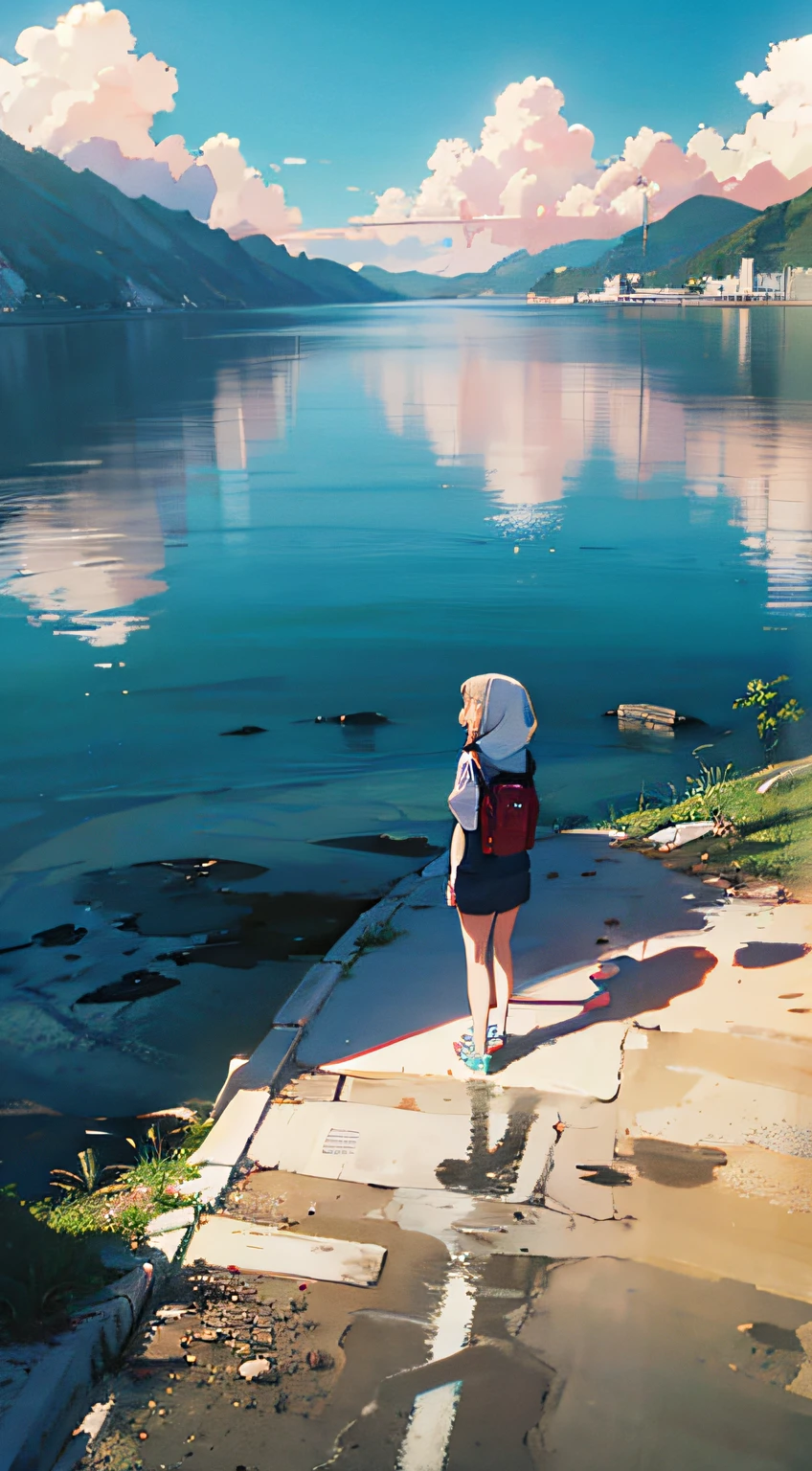 One woman in the center, wearing a white hoodie, looking up at the sky, landscape, vanishing point, from below, masterpiece, best quality, 8k, absurdity, water surface, summer, noon, sunlight, blue sky, perspective, depth of field, high resolution, detail, ultra detail, sharp focus, holding a wooden rifle, backpack, shadows