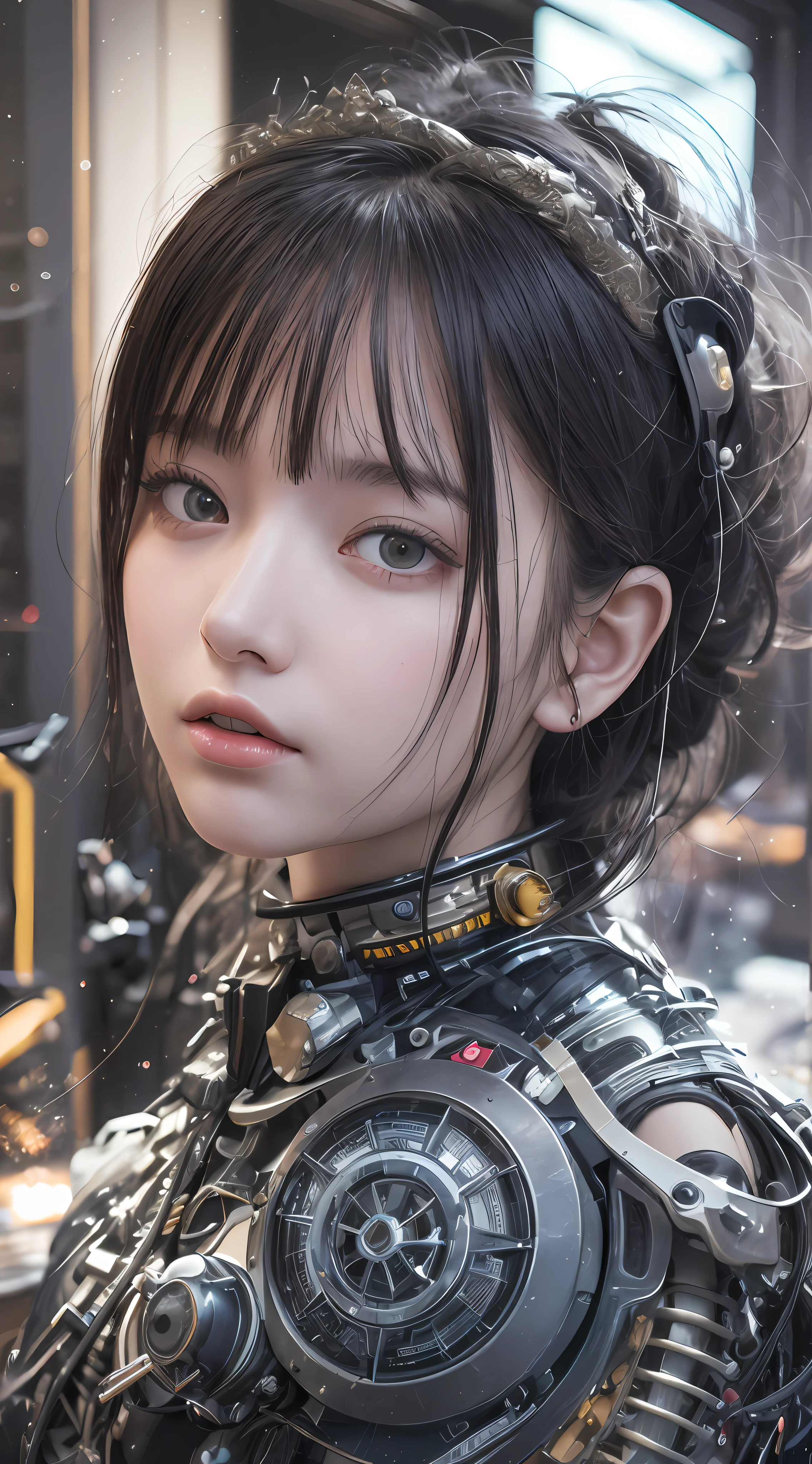 (Masterpiece, Best Quality, Beautiful Girl, Pretty Face:1.2), Solo, (Close-up Face:1.2), Gardenia, 8K, Official Art, Raw Photography, Incredible Absurdity, Crop Top, Show Viewer, Slender, Teen, Face Light, Film Grain, Chromatic Aberration, Sharp Focus, Dynamic Lighting, Movie Lighting, Best Quality, Masterpiece, Ultra High Definition, ( Photorealistic: 1.4), Raw Photo, 1 Girl, Black Hair, Glossy Skin, 1 Mechanical Girl, (Ultra-Realistic Details)), Portrait, Global Illumination, Shadows, Octane Rendering, 8K, Ultra Sharp, Glossy Skin, Realistic Skin, Big, Cleavage Exposed Flesh Skin, Metal, Intricate Ornament Details, Evangelion Details, Very intricate details, realistic light, CGSoation trend, purple eyes, glowing eyes, facing the camera, neon details, mechanical limbs, blood vessels connected to tubes, mechanical vertebrae attached to the back, mechanical cervical attachment to the neck, sitting, wires and cables connecting to the head, analog meters, pressure gauges, vacuum tubes, gears, small LED lamps, The background is a server room of the future,