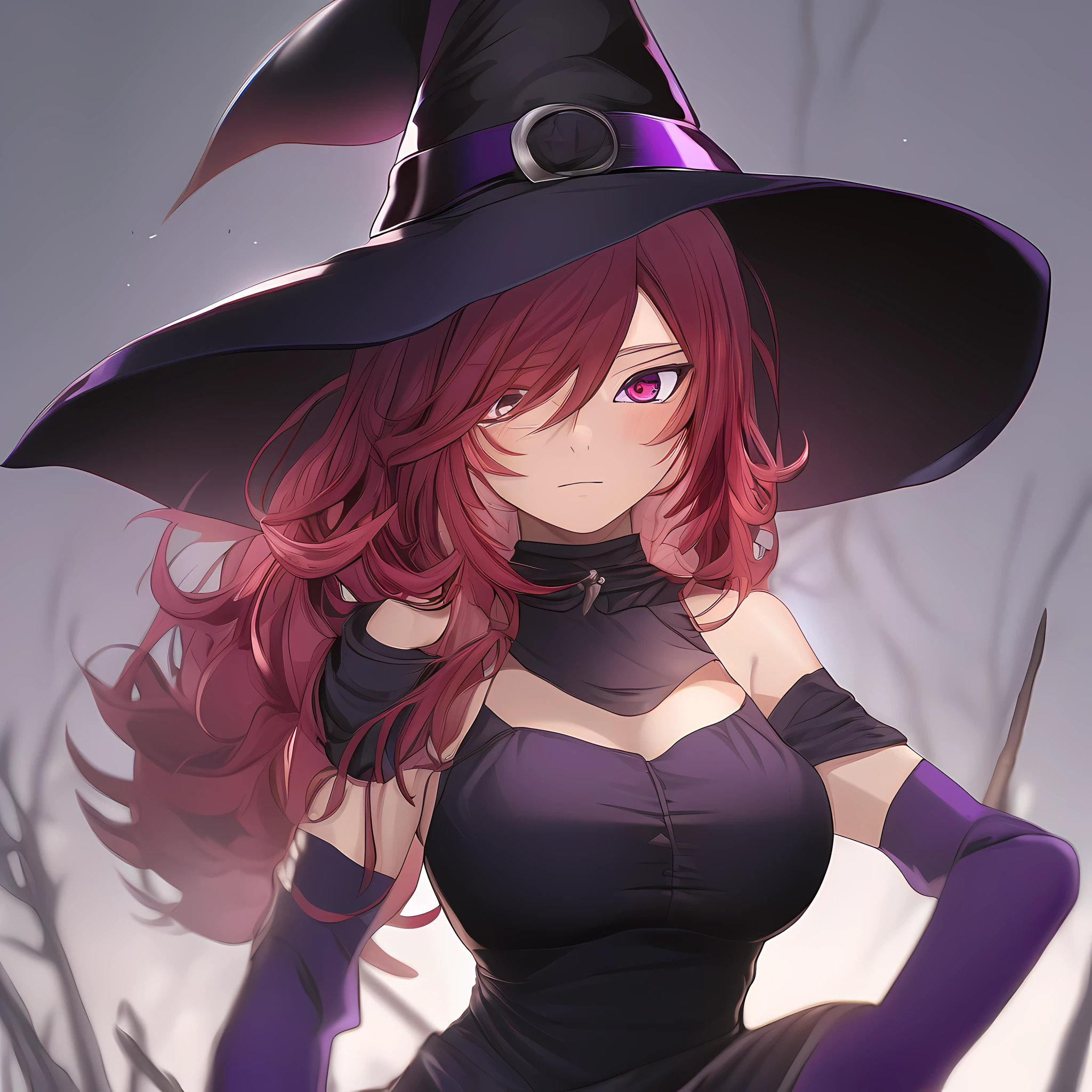 young woman, redhead, 21 years old, witch outfit, witch hat, purple clothes, red eyes, sensual pose, 4k, masterpiece, good anatomy