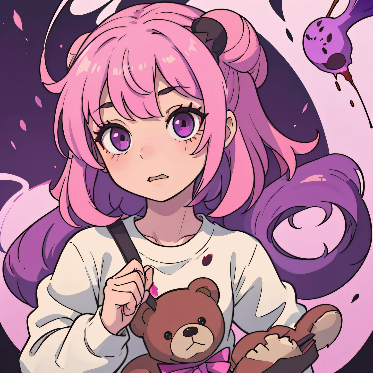 "A cute little girl with pink hair, green highlights, and purple eyes holds a terrifying-looking teddy bear with claws and blood splattered on it."