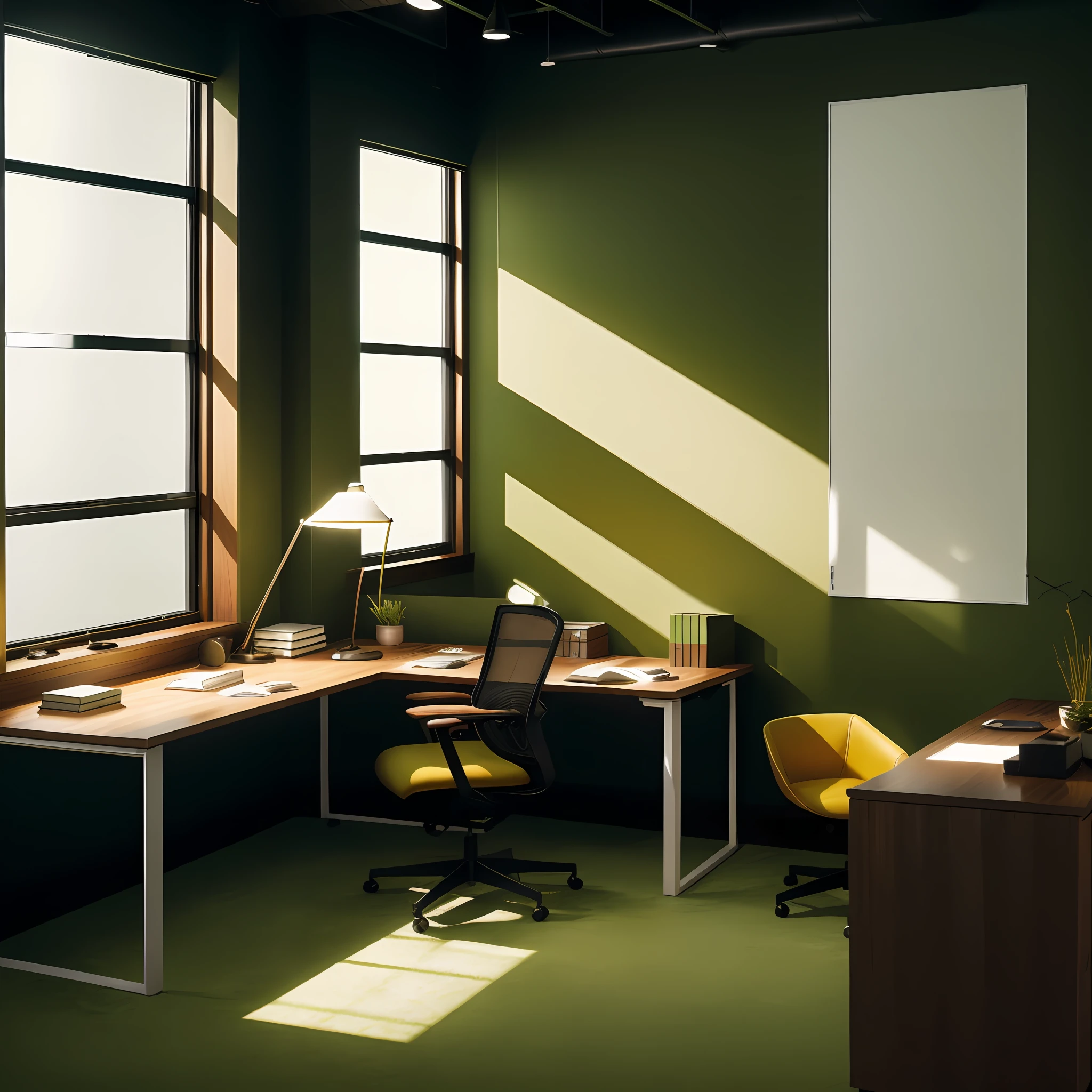 Office room with dark green walls, dark furniture, black floor, room measuring approximately 50 square meters, presidency style table, vintage 1980s upholstered chair green color, dark blackout type curtains, adequate lighting, meeting table with eight seats, TV space with vintage 1980s upholstered armchairs, bookshelf in dark green color --auto
