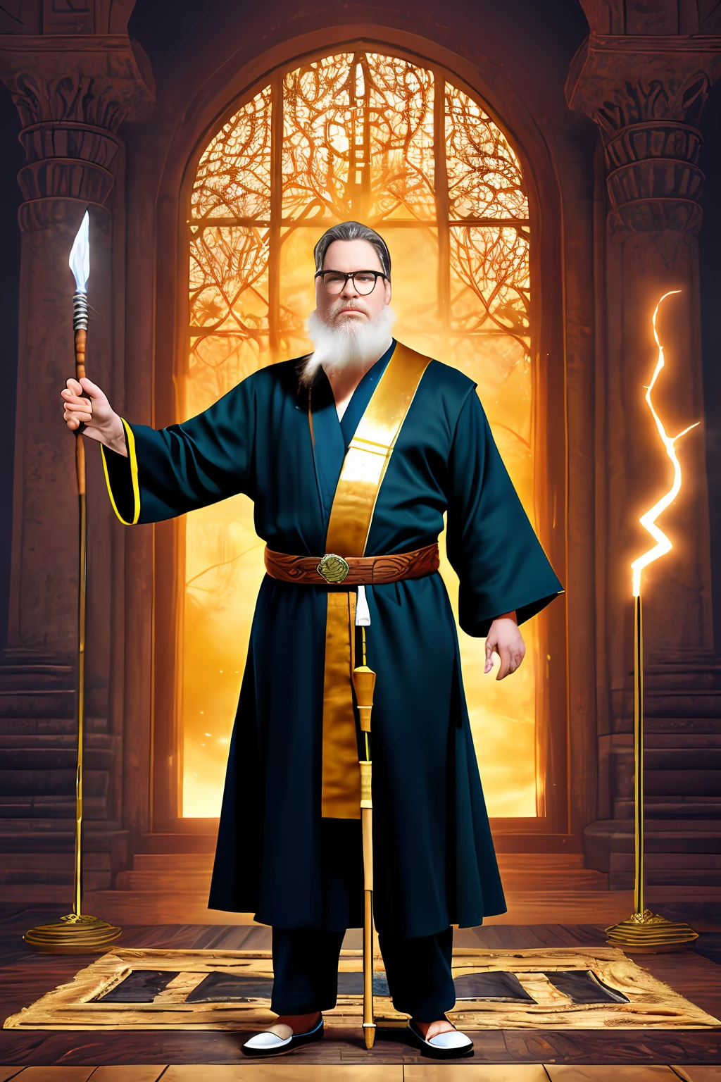 GuttenterdVision6, a wizard with his unmistakable white beard, with his intricate robes, holding a staff with a shiny gemstone at the tip, conjuring his powers, lightning and mystical energies are part of the scene. Thematic and detailed scenery with background blur.