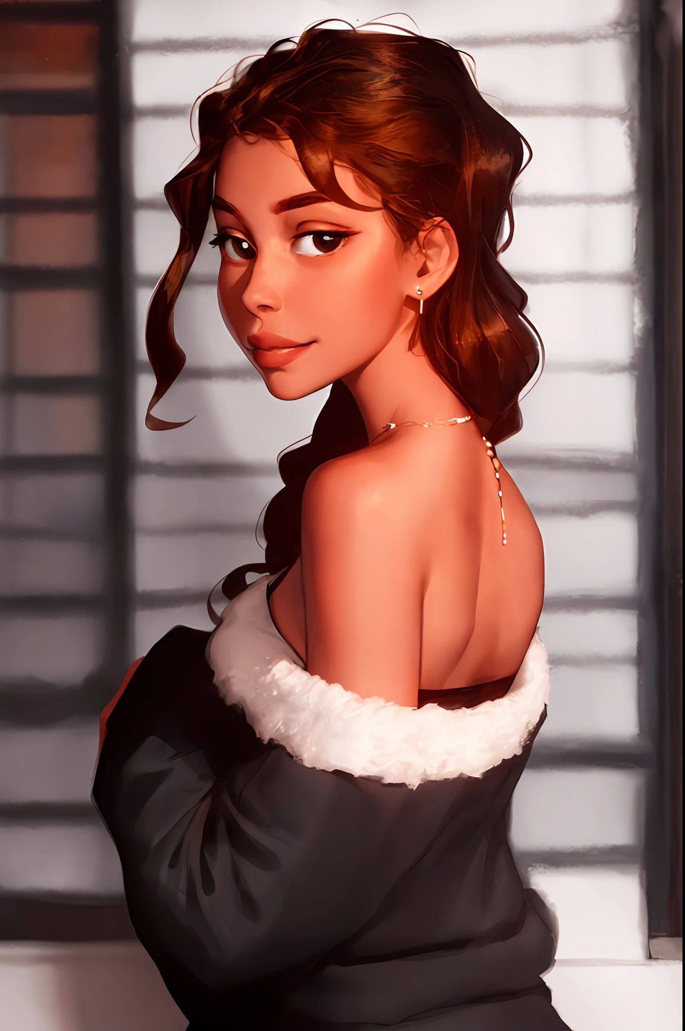 Sam Yang, 1girl, fair brown-skinned back, bare shoulders, black eyes, dark circles, brown hair, earrings, jewelry, lips, long hair, looking at viewer, looking back, necklace, off shoulder, lips half-open, portrait, day, depth of field, solo, ((masterpiece))