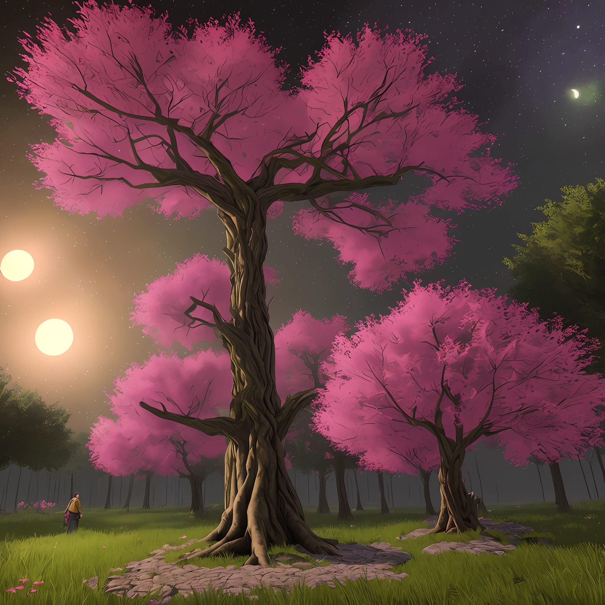 Large tree with robust trunk and blooming purple and red leaves produced by the tree itself illuminating a forest on a night with 3 full moons in the sky in the medieval rpg style