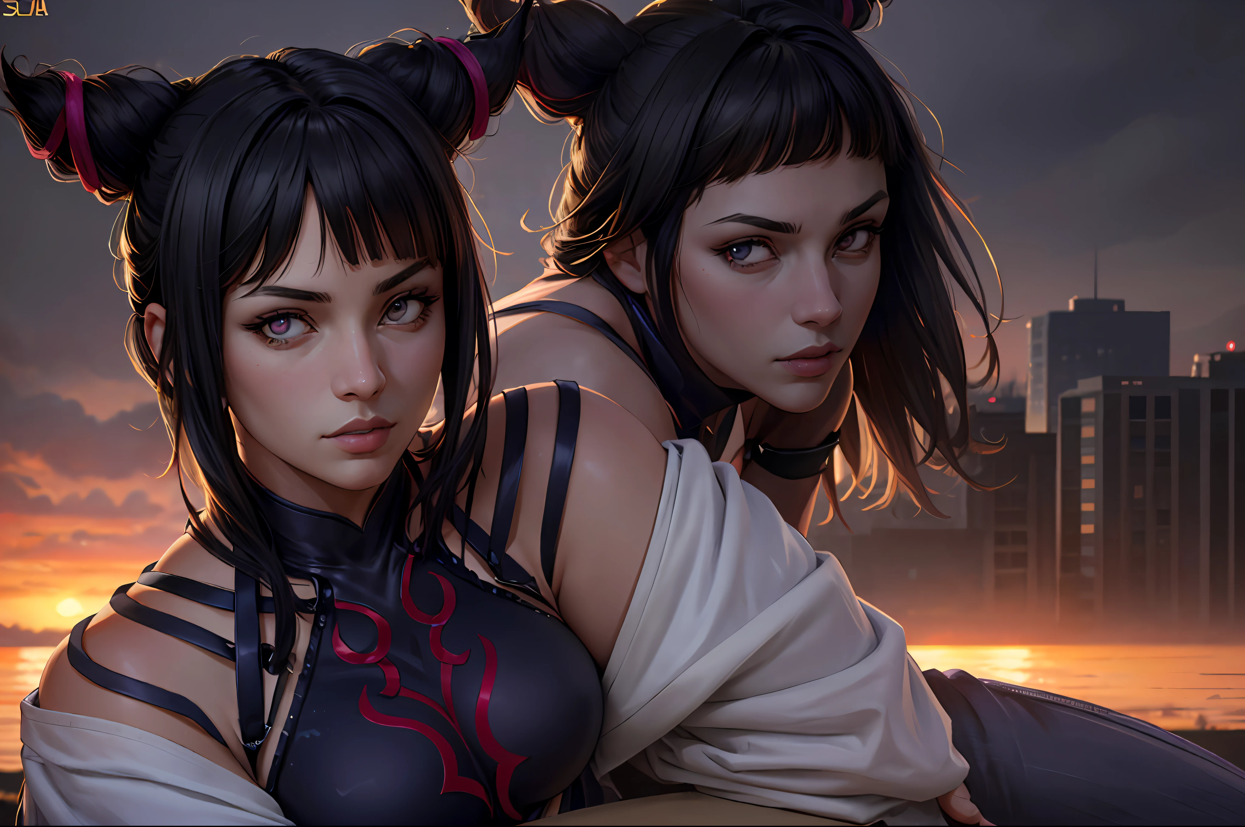 masterpiece, best quality, 4k resolution, outdoors, official, photograph, portrait, from the side, (realistic, ultrarealism, photo-realism:1.4), detailed background, detailed face, detailed eyes, looking at viewer, nighttime, sunset, JuriMS , sfiv, hair horns, white baggy pants, bangs, soft lighting, resting