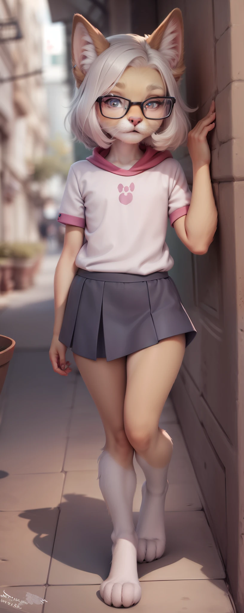 Anthro furry, fursona, dark brown and white hair, wearing pink and white skirt, pose, bright background, 1solo, wearing square glasses, walking, fur, fur body, full body covered in fur, fluffy paws, fur body, fluffy body, small size, small body, cute fursona, cute body, fluffy, small size, , femboy, feminine boy