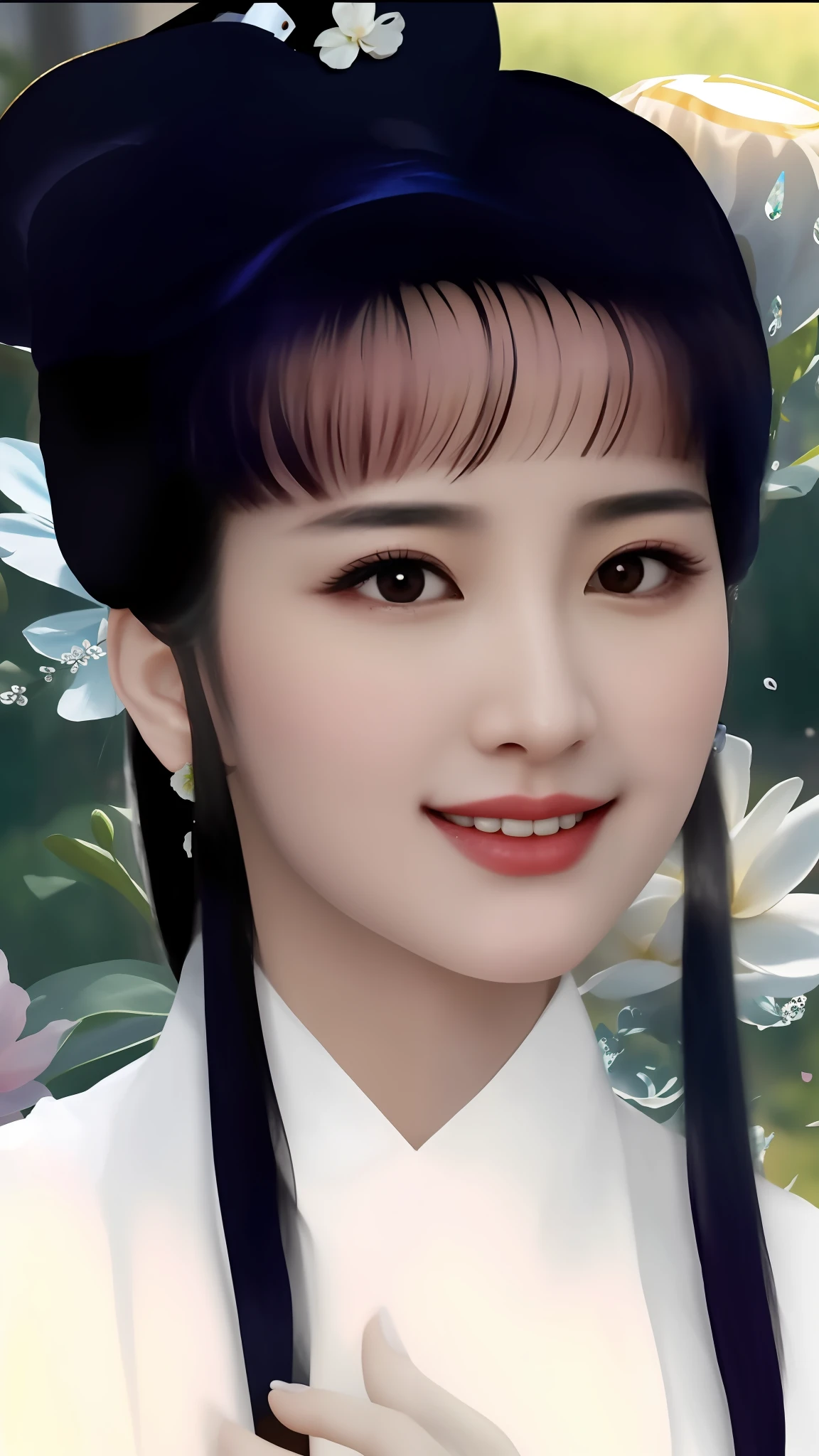 there is a woman with a hat and a flower in her hair, yun ling, inspired by Li Mei-shu, inspired by Sim Sa-jeong, inspired by Ma Yuanyu, inspired by Hua Yan, inspired by Li Fangying, inspired by Yao Tingmei, inspired by Yun Du-seo, inspired by Qiu Ying, inspired by Tang Yifen