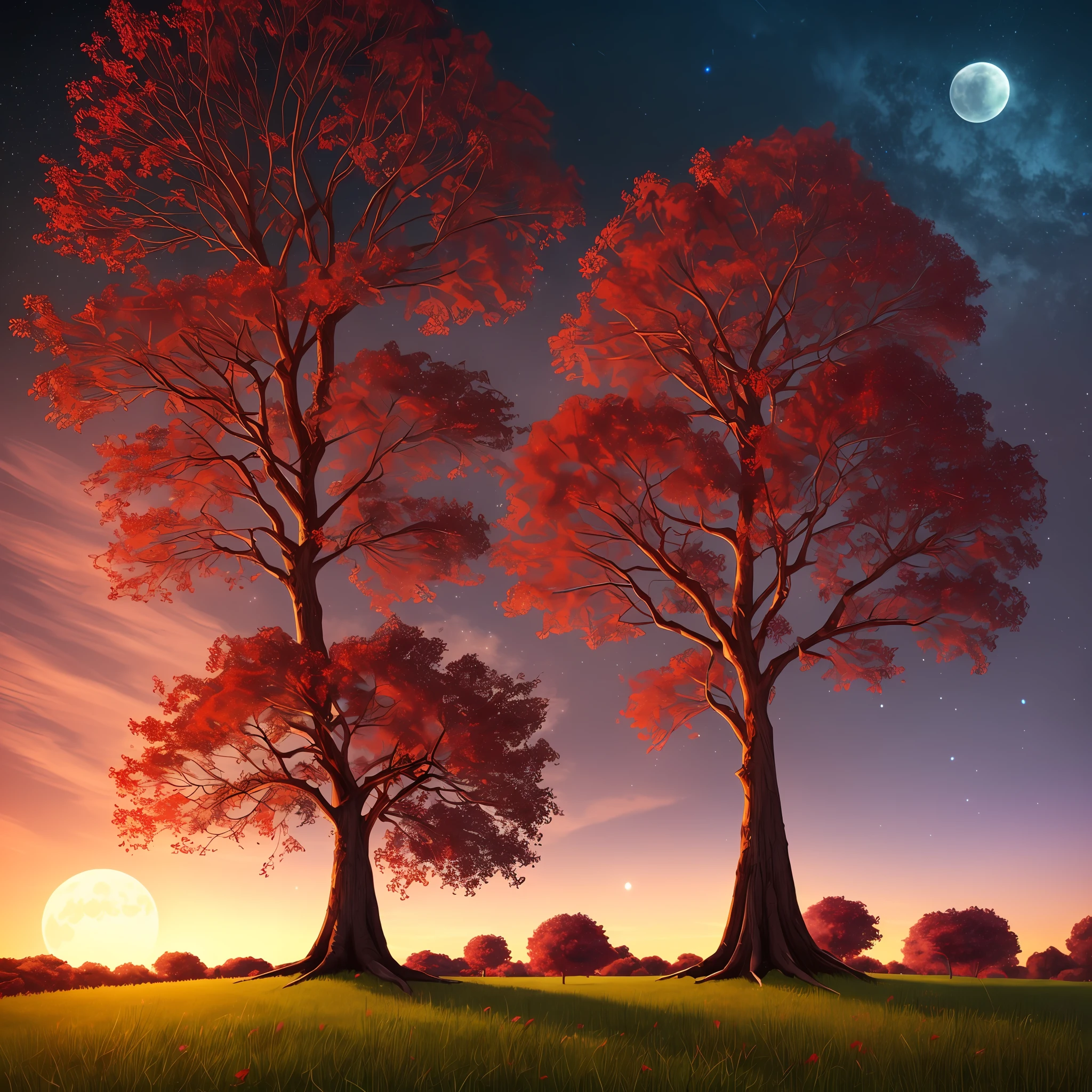 Large tree with robust trunk, fluorescent purple and red leaves, produced by the tree itself, illuminating a forest during a night with three full moons in the sky, in the style of medieval RPG. --auto