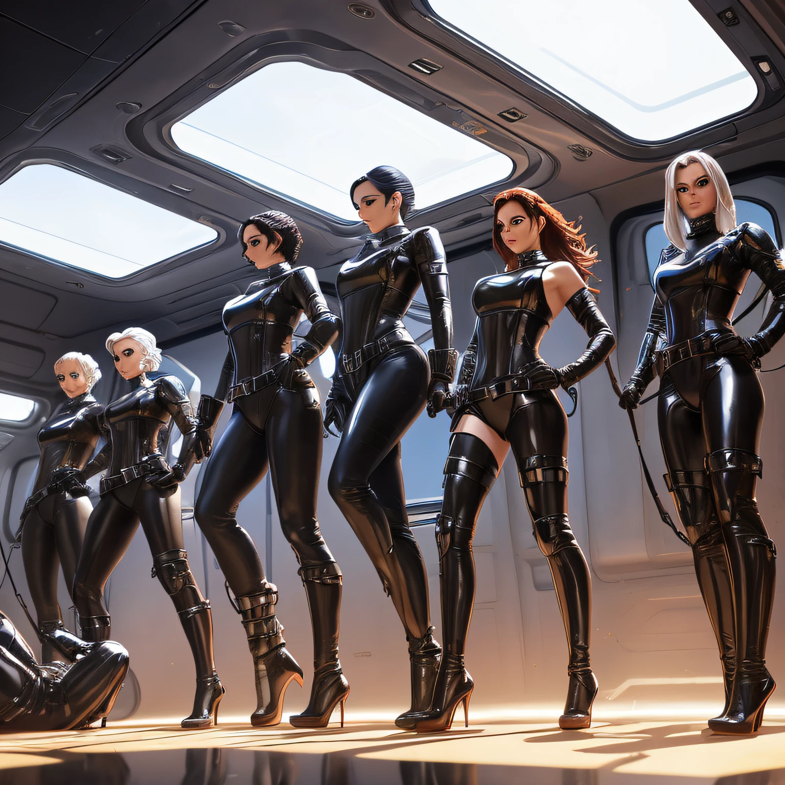 harness chrome silver greek hoplites 5 people latex bdsm straps buckles heels gorset army dynamic fight jumping kicking group battle body suit, dynamic, group, team, 5 characters, bdsm aeon flux stripes frazetta dominatrix starfield multiple figures posing in spaceship starfield stars outside windows spaceship