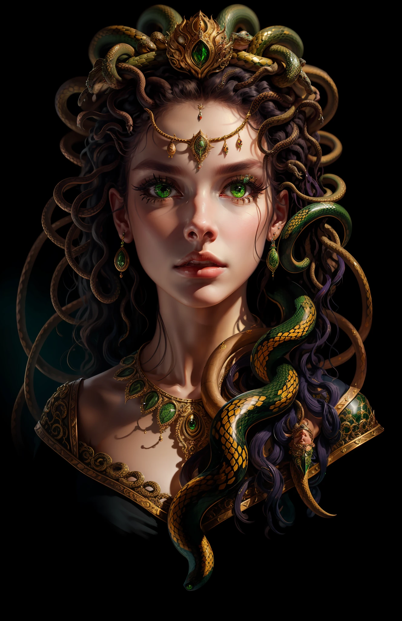 ((best quality)), ((masterpiece)), ((realistic)), Medusa, full body, the hair is composed of countless small snakes, green eyes, female face, metal carved top, royal aura, trend on artstation , sharp focus, studio photo, intricate detail, very detailed, detailed eye, illustration, very detailed, sharp focus, digital render, professional, 4k