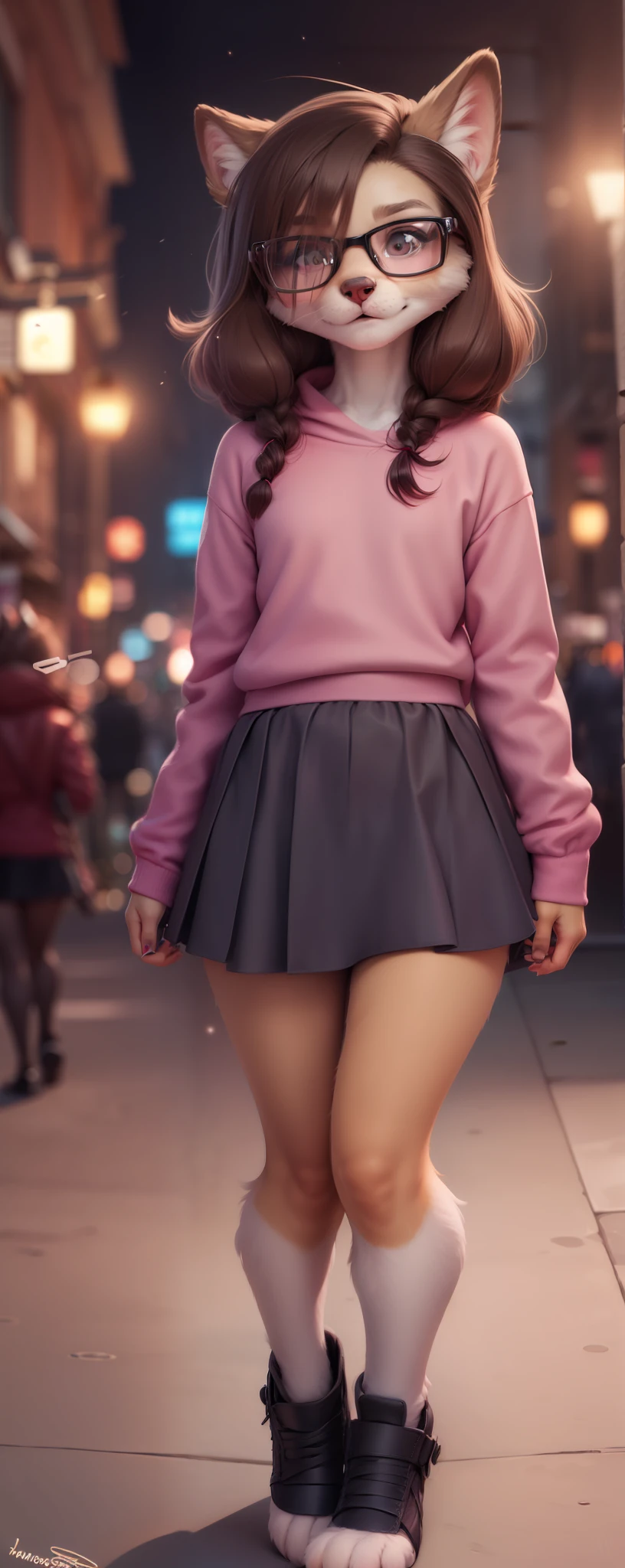 Anthro furry, fursona, dark brown hair, wearing black and pink skirt, pose, city in the night background, 1solo, wearing square glasses, walking, fur, fur body, full body covered in fur, fluffy paws, fur body, fluffy body, small size, small body, cute fursona, cute body, fluffy, small size, kid, femboy, feminine boy