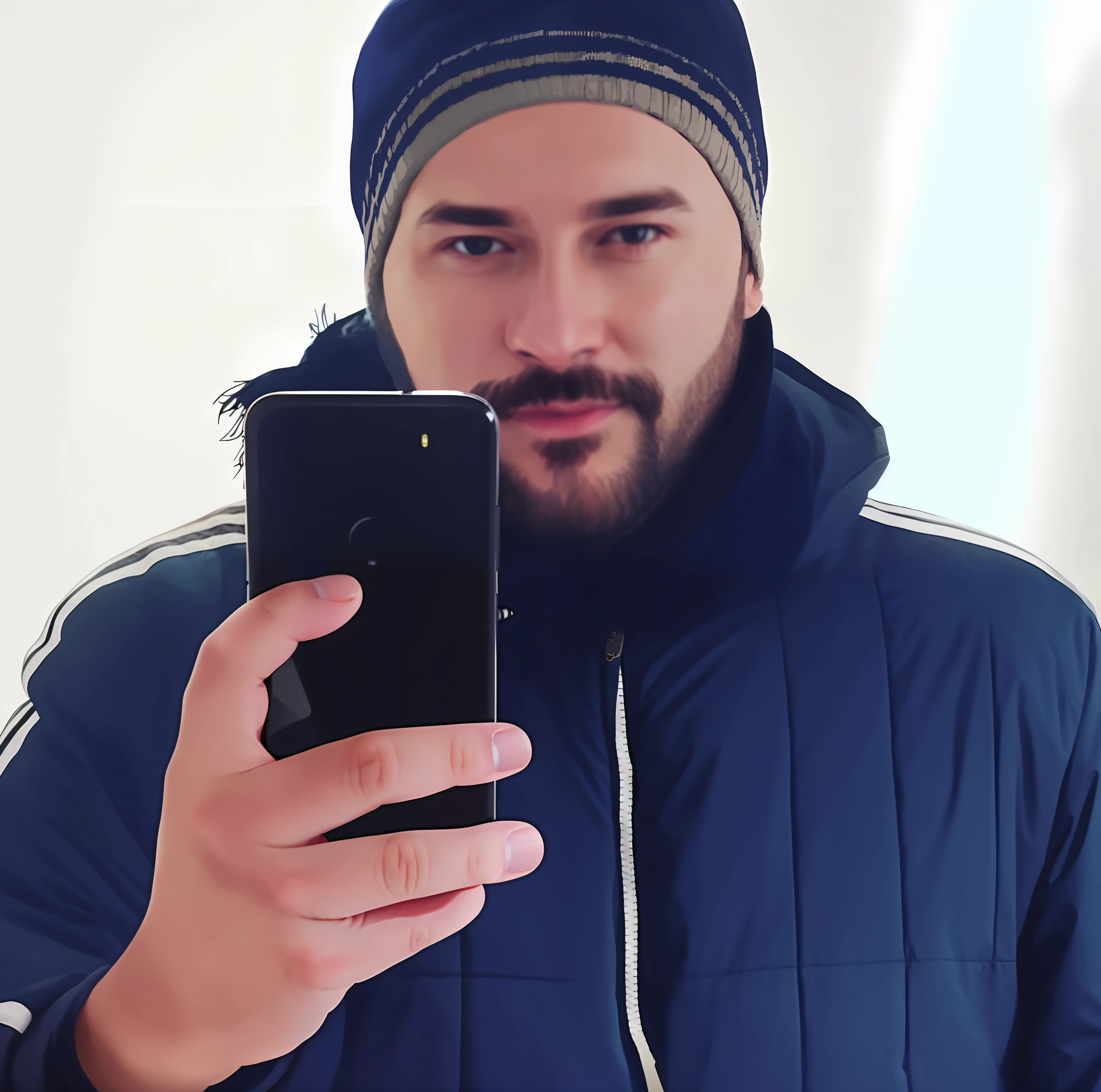 arafed man in a blue jacket and a hat holding a cell phone, twitch streamer / gamer ludwig, 8k selfie photograph, selfie of a man, he is holding a smartphone, enes dirig, iphone selfie, profile picture 1024px, facebook profile picture, profile photo, with a small beard, andrei riabovitchevy