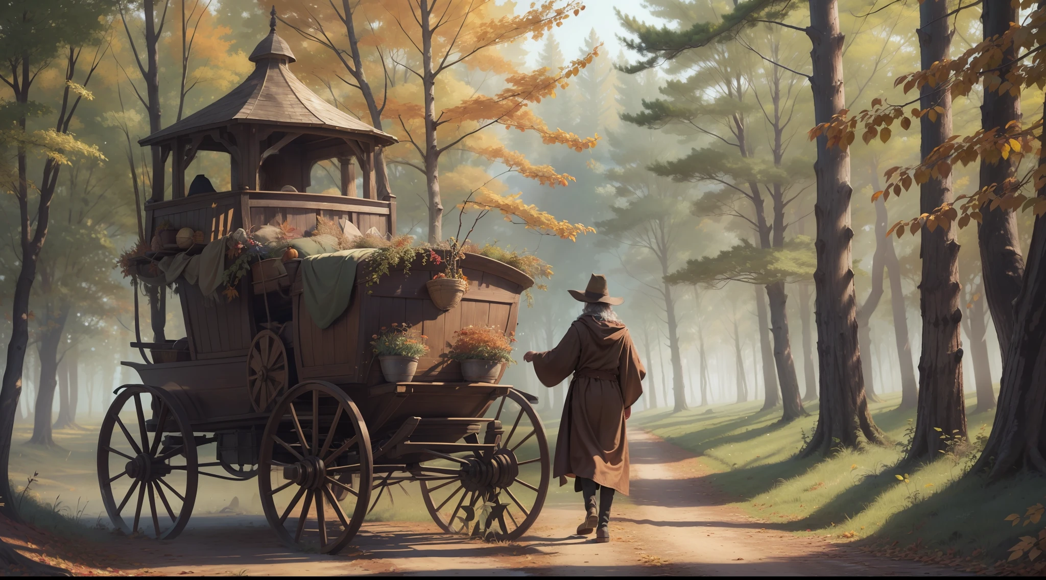 A wizard in brown robes and a pointed hat traveling in a horse-drawn wagon in the middle of a forest during autumn