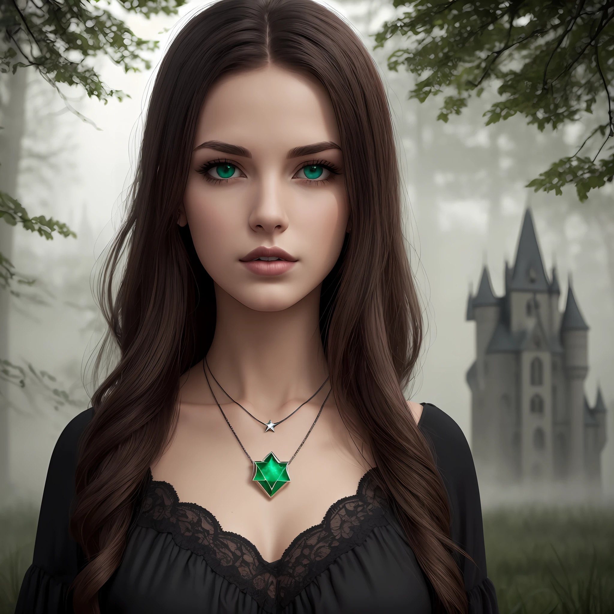 Young American woman with brown hair, dark green eyes with a star-shaped emerald necklace. Pink lips. Wearing black dress.  Dark Gothic forest background with Gothic castle behind no sunlight and fog. 4k, realistic, better picture. 1410x2250