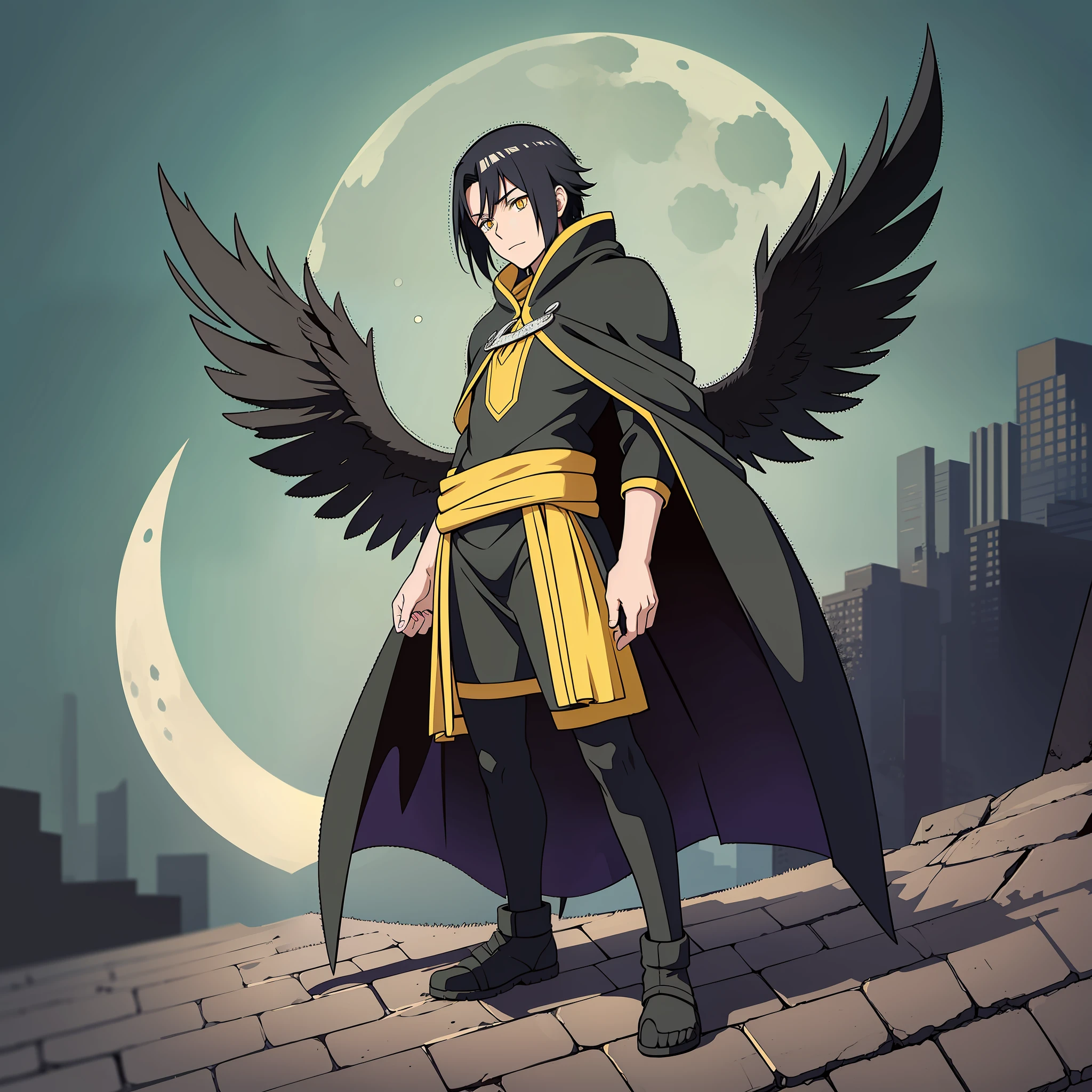 night, moon behind the character, black hair, roof, shadows, black crow wings, yellow eyes, stealth clothes, black cape covering the body, in the shadow