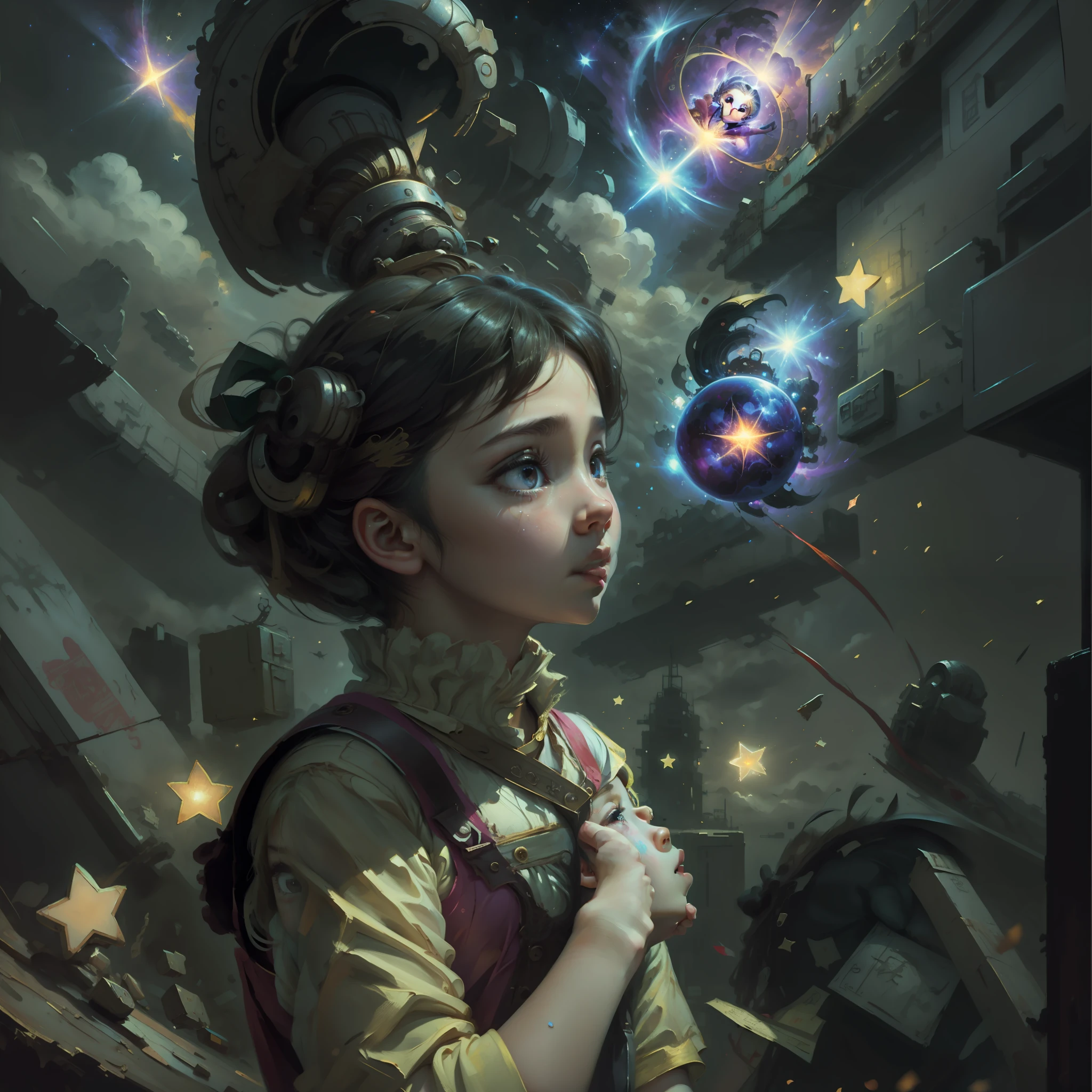 Shown in the style of oil painting, a 5 years old girlin Hong kong style looks at the brightest star in the sky on the earth. The star shines on the girl, and the girl's expression is very moving. --auto