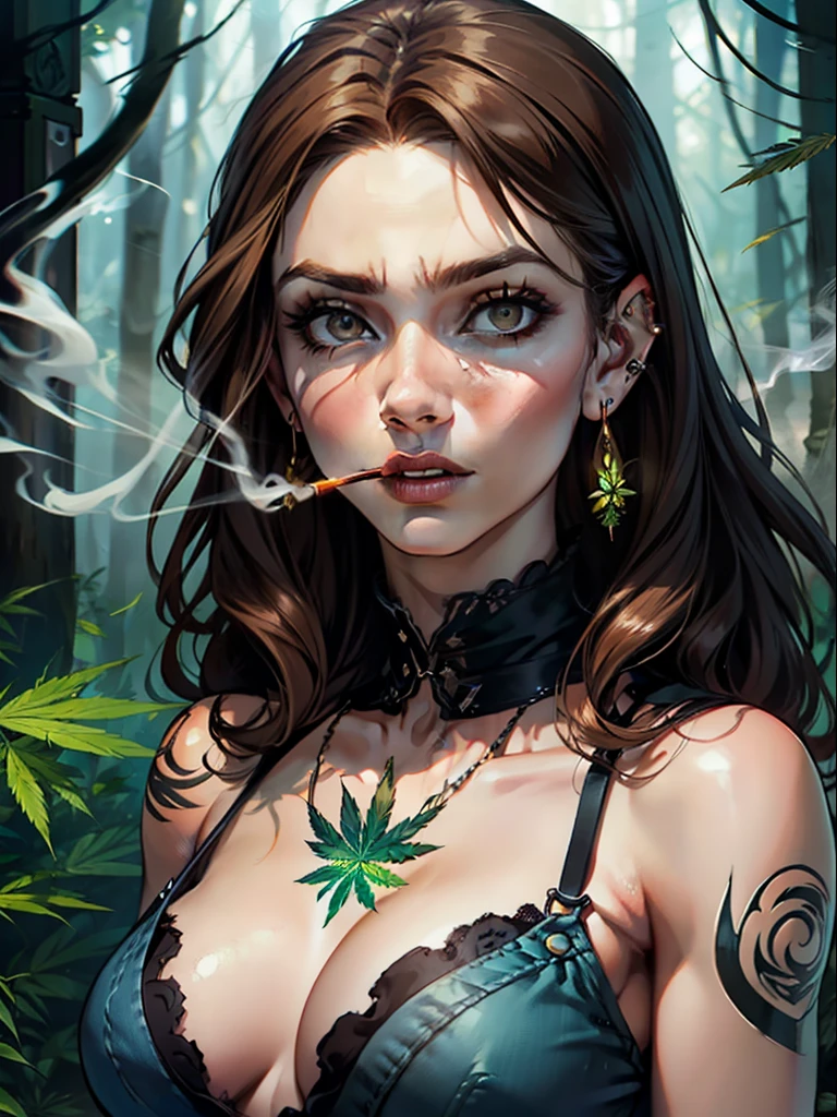 (extremely detailed 8k wallpaper), dark theme, Wizard on the Rise, modern horror, 2020s, woman, 35 years old, (((Dream Speaker Tradition Magician)))), wearing hippie shirt with ripped jeans, sharp focus, (subsurface scattering:1.1), award-winning photography, centered face, Melissa Benoist's face, nose piercings, eyebrow piercings, ear piercings, various body tattoos,  Half-body photo:1.1, medium dark brown hair, heavy gothic eye makeup, light brown eyes:1.2, trance expression, stoning, mist, mystical smoke swirling in spirals, ((smoking marijuana inside the forest)), dramatic lighting